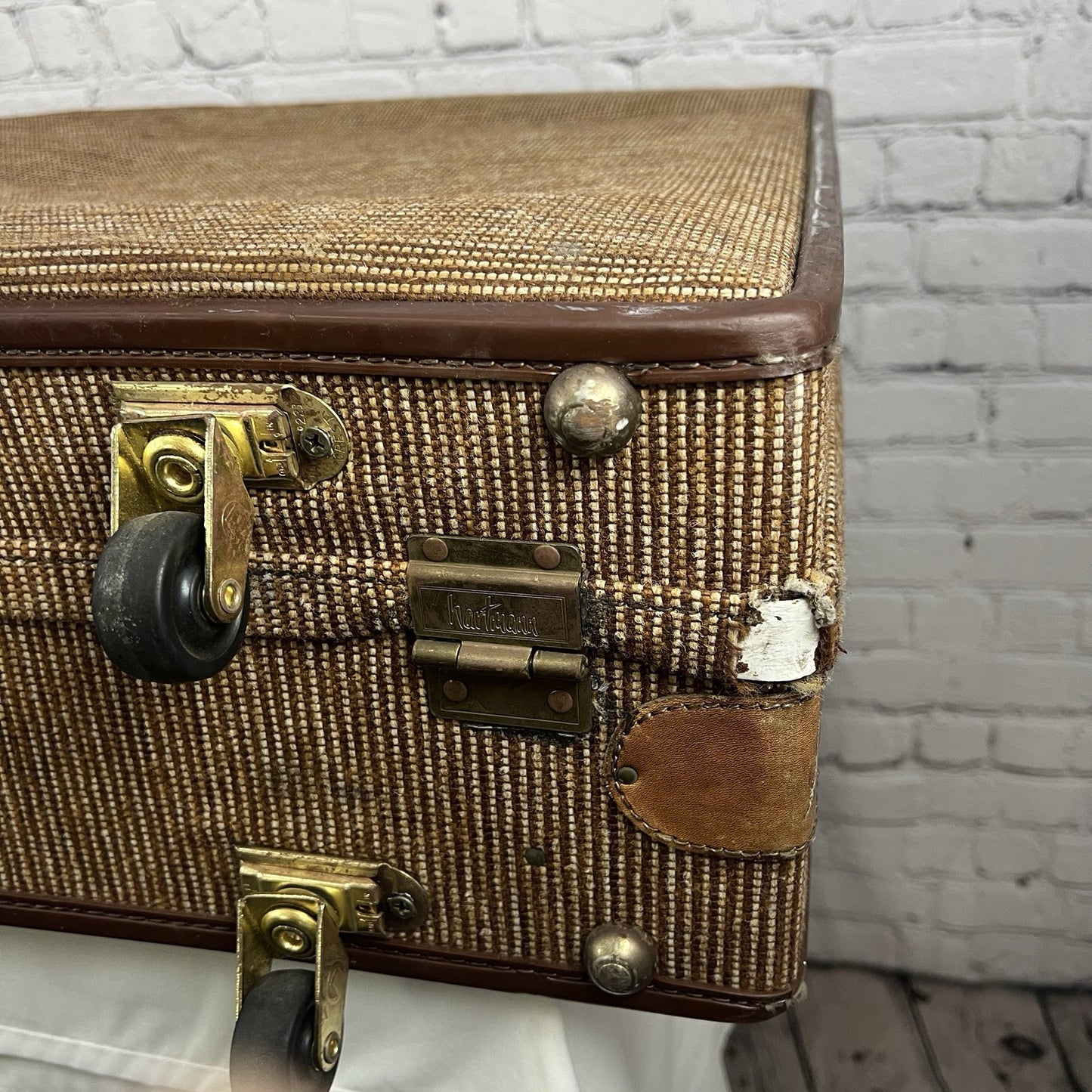 Vintage Hartmann Brown 2 Piece Suitcase Leather Tweed Wheeled Luggage Combo Lock