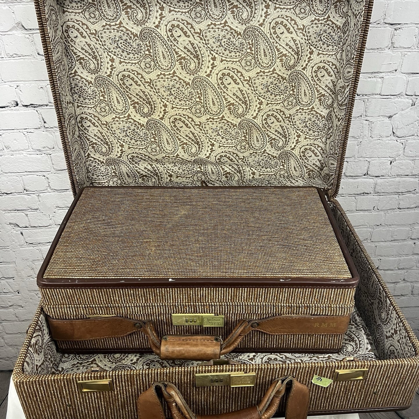 Vintage Hartmann Brown 2 Piece Suitcase Leather Tweed Wheeled Luggage Combo Lock