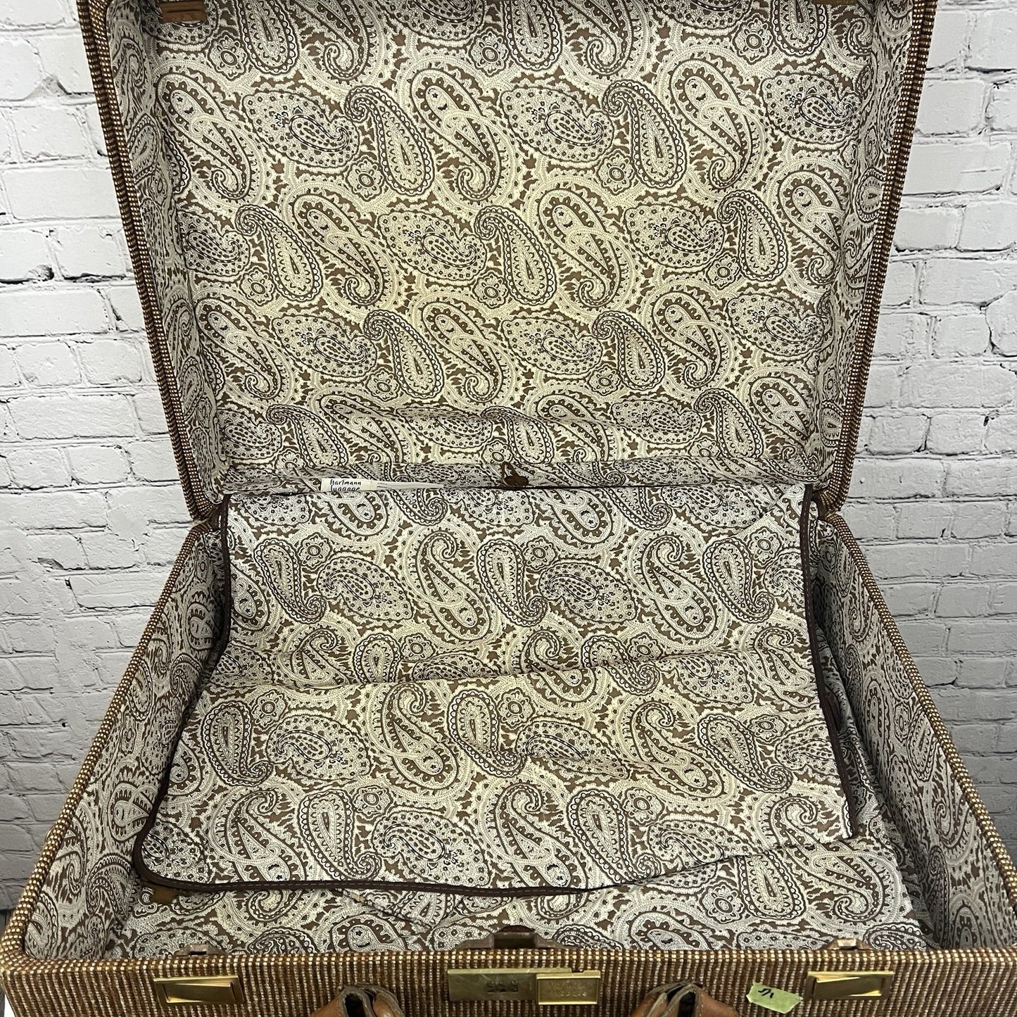 Vintage Hartmann Brown 2 Piece Suitcase Leather Tweed Wheeled Luggage Combo Lock
