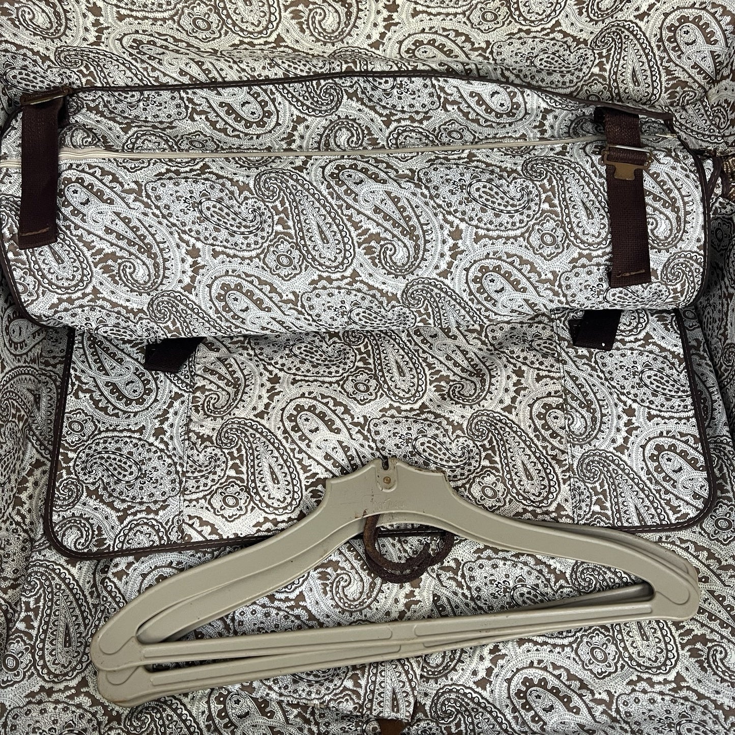 Vintage Hartmann Brown 2 Piece Suitcase Leather Tweed Wheeled Luggage Combo Lock