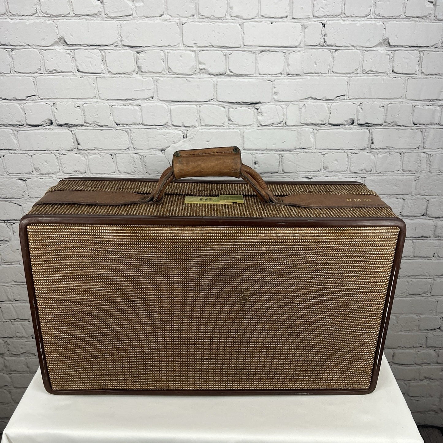 Vintage Hartmann Brown 2 Piece Suitcase Leather Tweed Wheeled Luggage Combo Lock