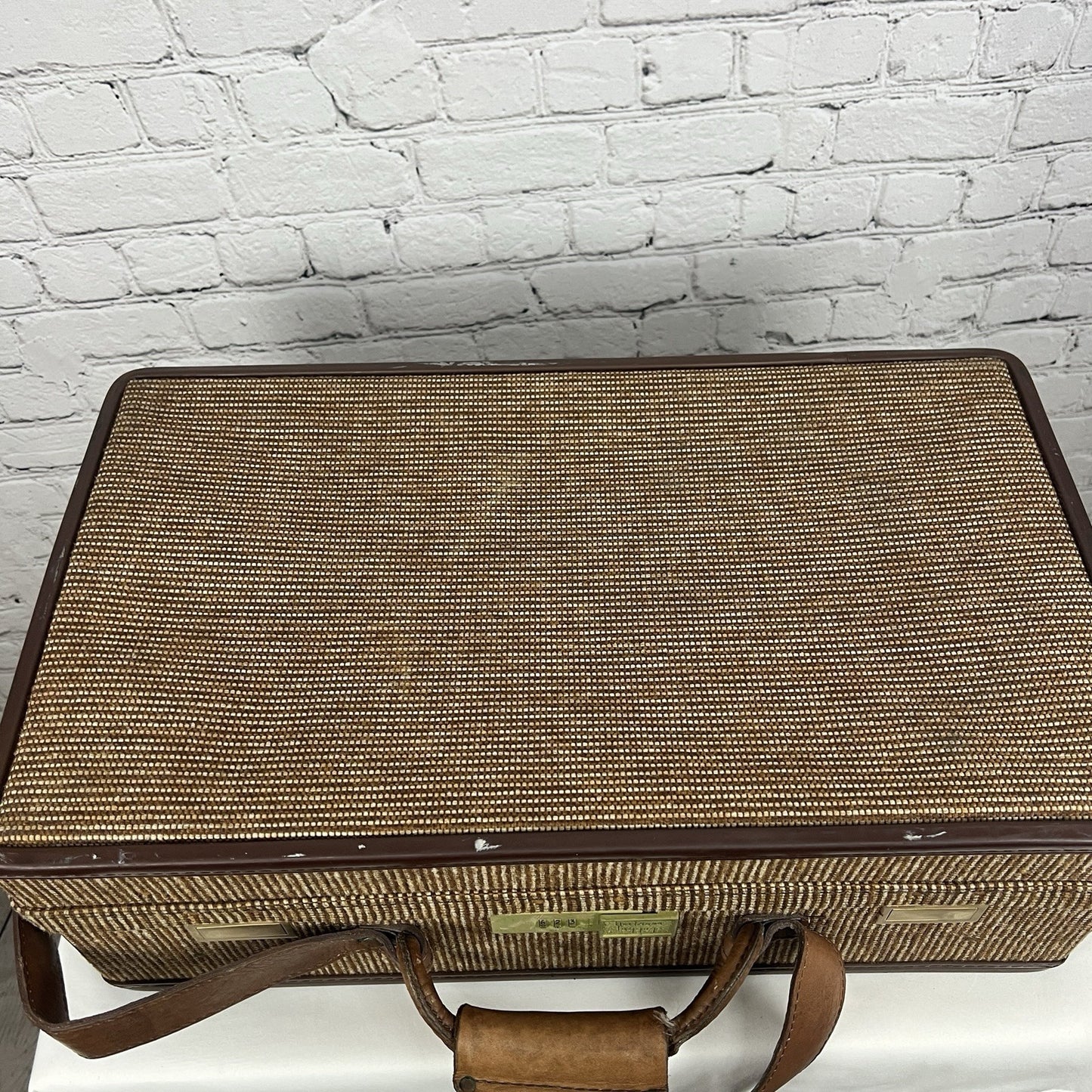 Vintage Hartmann Brown 2 Piece Suitcase Leather Tweed Wheeled Luggage Combo Lock