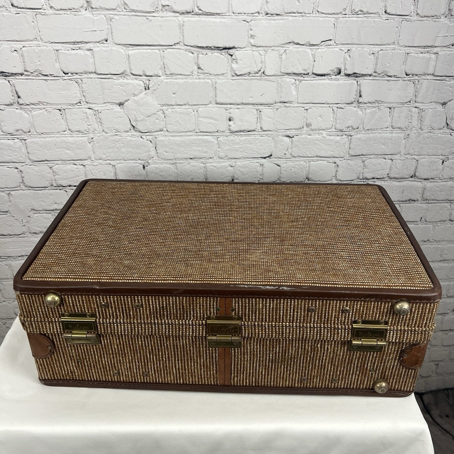 Vintage Hartmann Brown 2 Piece Suitcase Leather Tweed Wheeled Luggage Combo Lock