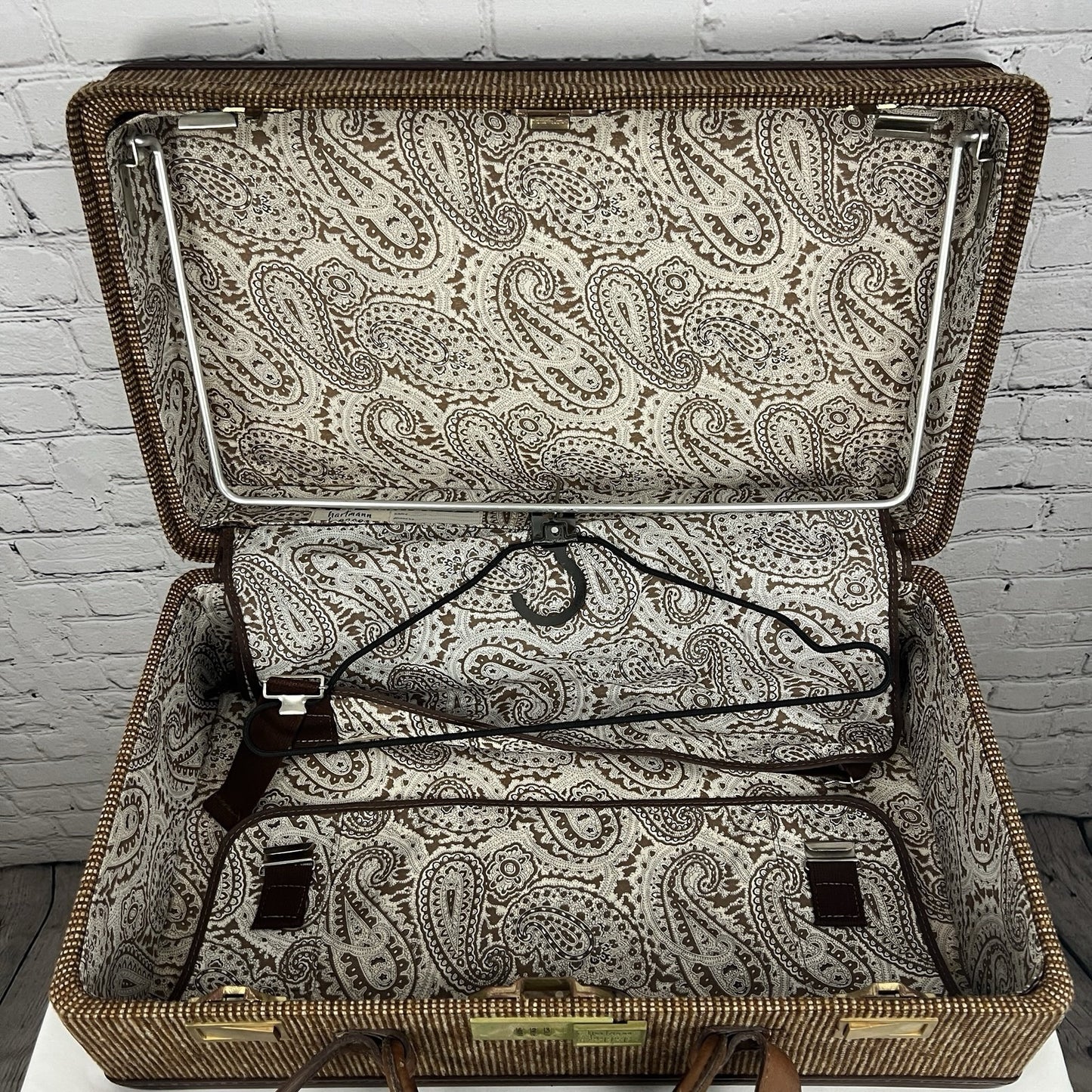 Vintage Hartmann Brown 2 Piece Suitcase Leather Tweed Wheeled Luggage Combo Lock