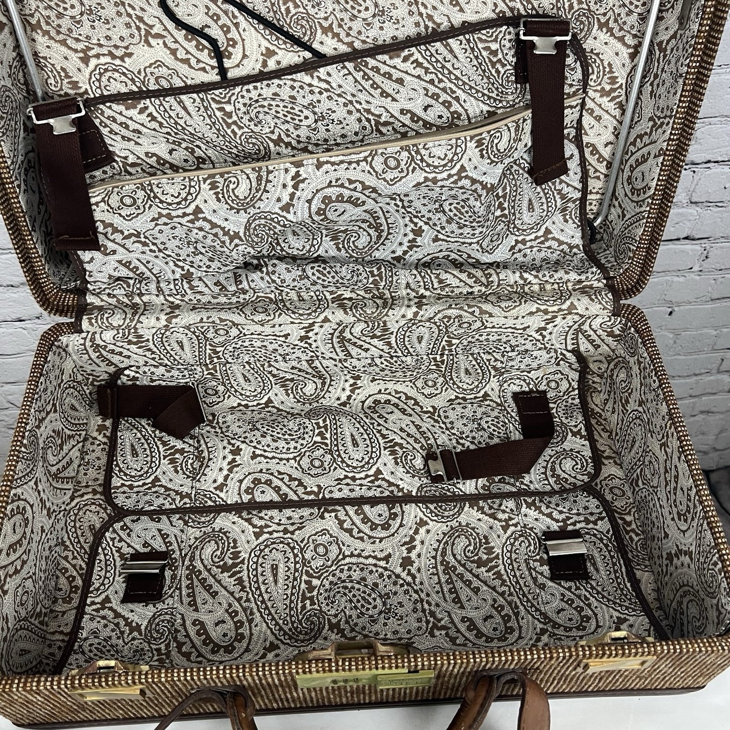 Vintage Hartmann Brown 2 Piece Suitcase Leather Tweed Wheeled Luggage Combo Lock