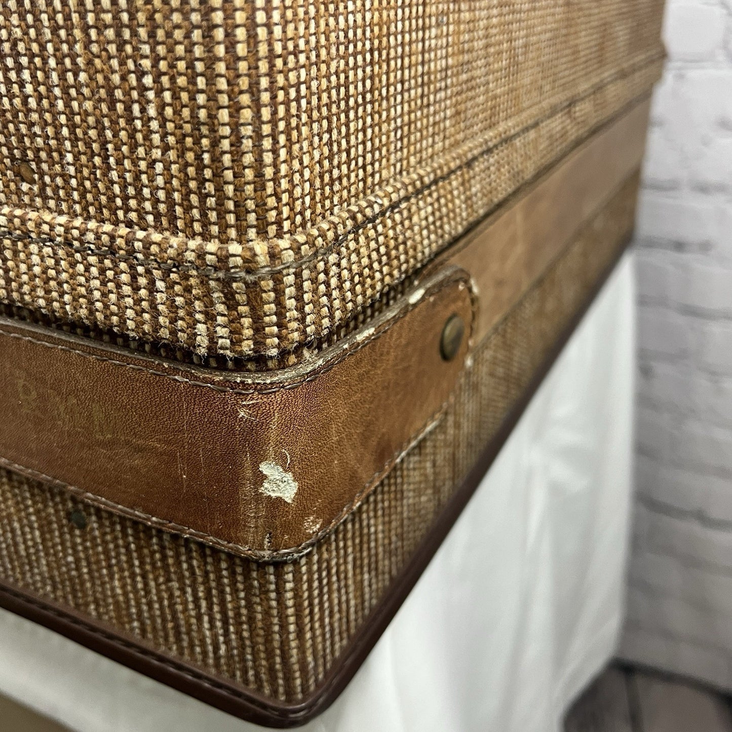 Vintage Hartmann Brown 2 Piece Suitcase Leather Tweed Wheeled Luggage Combo Lock