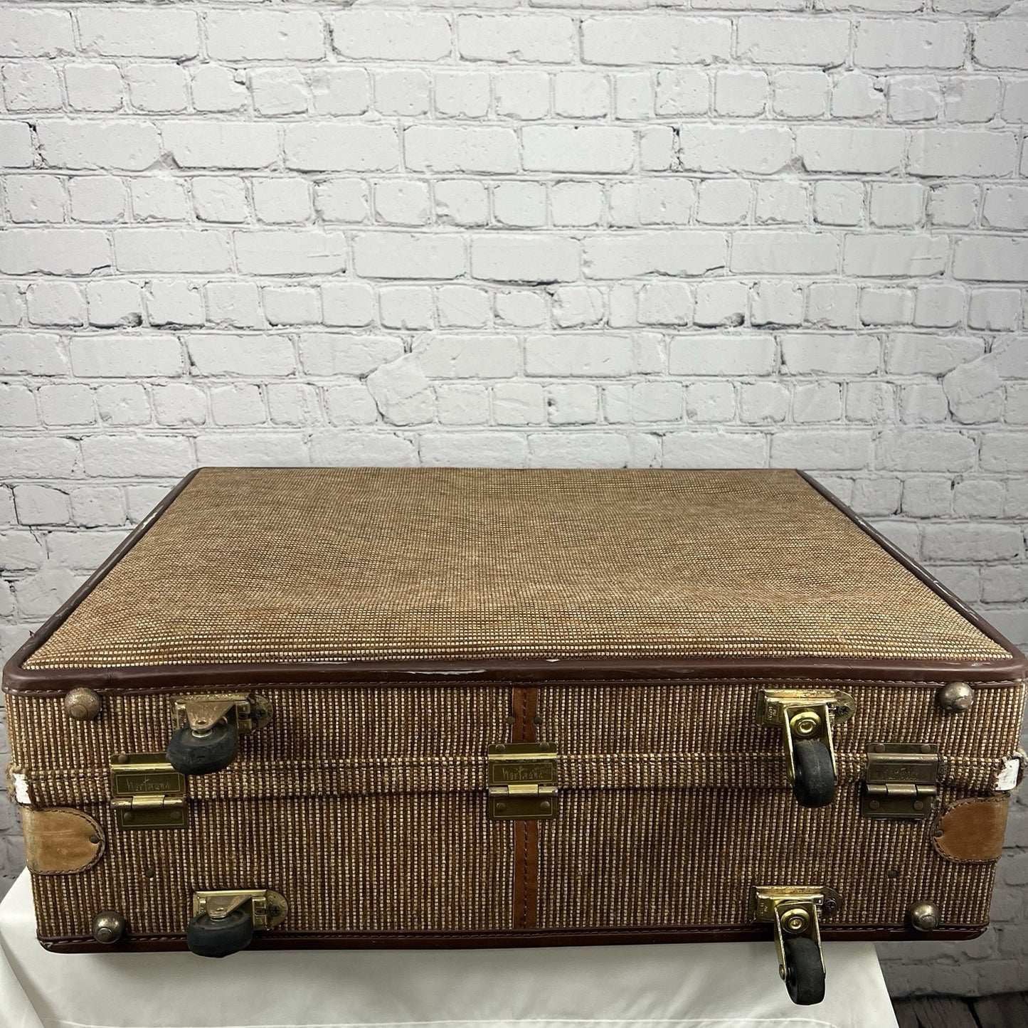 Vintage Hartmann Brown 2 Piece Suitcase Leather Tweed Wheeled Luggage Combo Lock