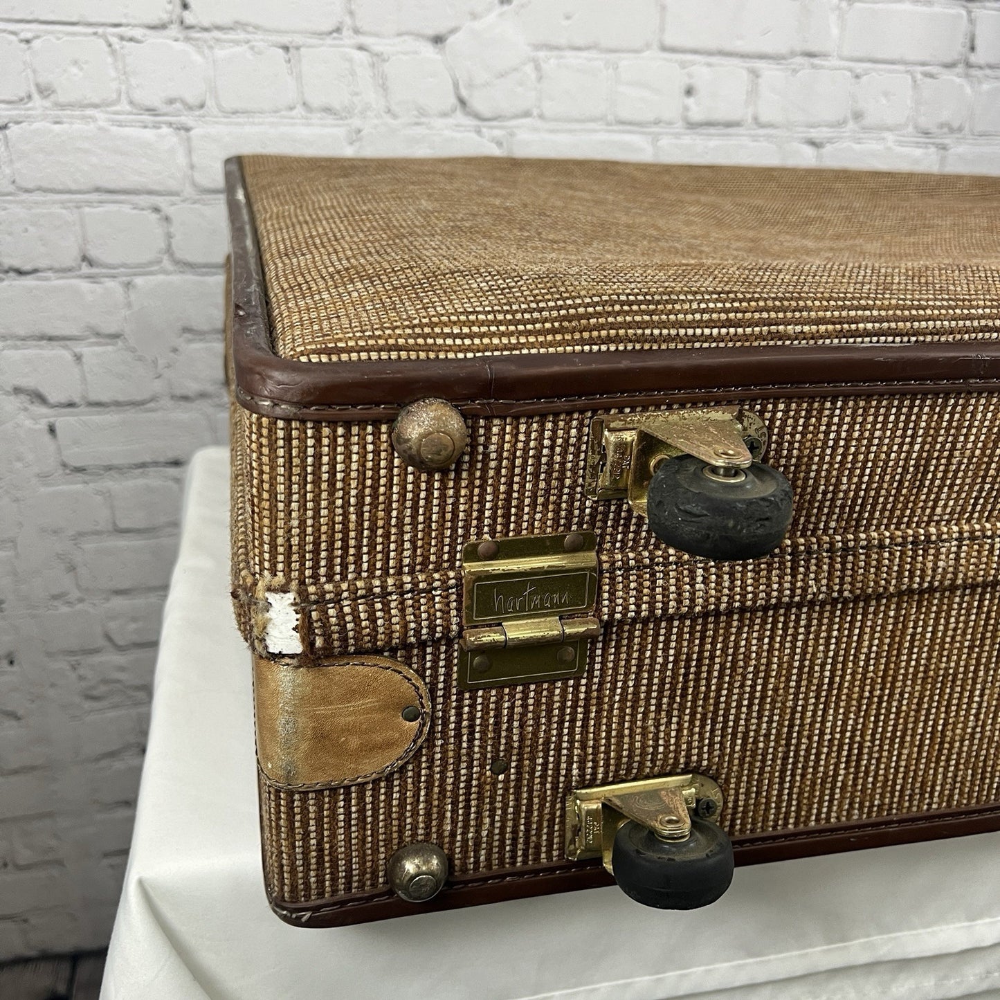 Vintage Hartmann Brown 2 Piece Suitcase Leather Tweed Wheeled Luggage Combo Lock