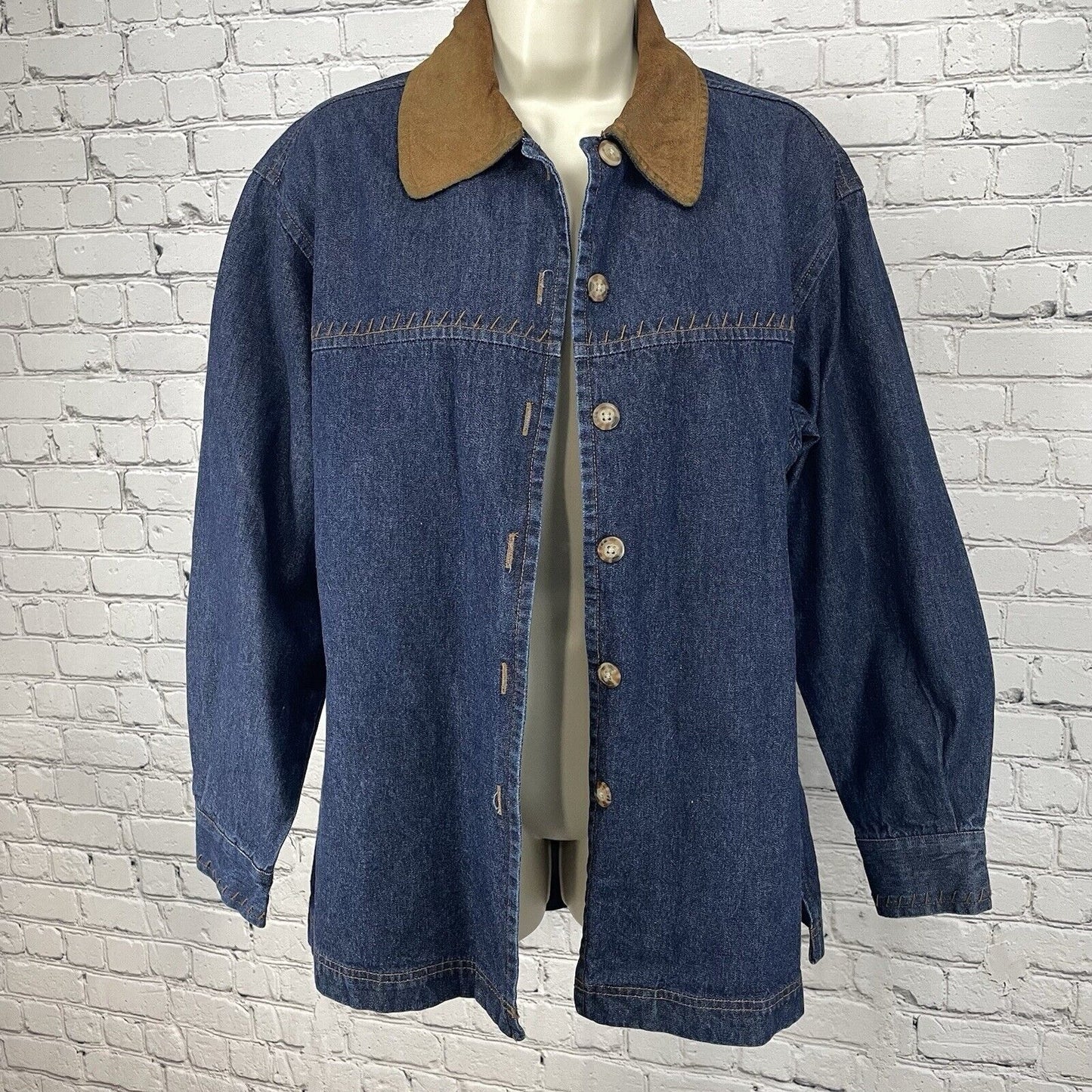 AMI Blue Denim Button Up Shirt Suede Collar Stitching Long Sleeve Size Small S