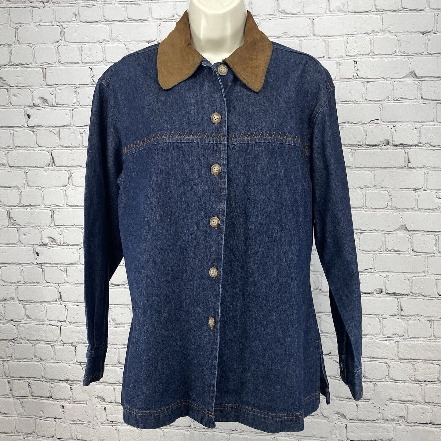 AMI Blue Denim Button Up Shirt Suede Collar Stitching Long Sleeve Size Small S
