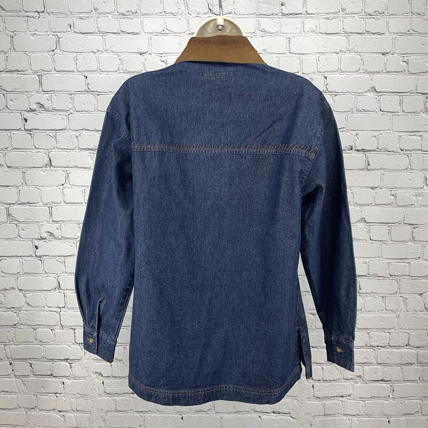 AMI Blue Denim Button Up Shirt Suede Collar Stitching Long Sleeve Size Small S
