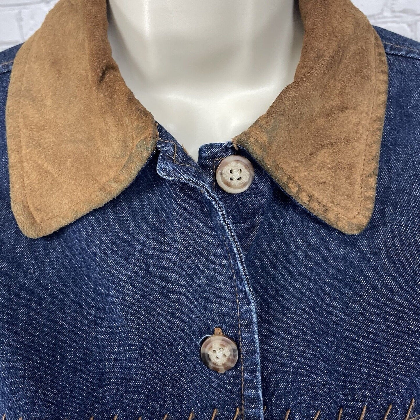 AMI Blue Denim Button Up Shirt Suede Collar Stitching Long Sleeve Size Small S