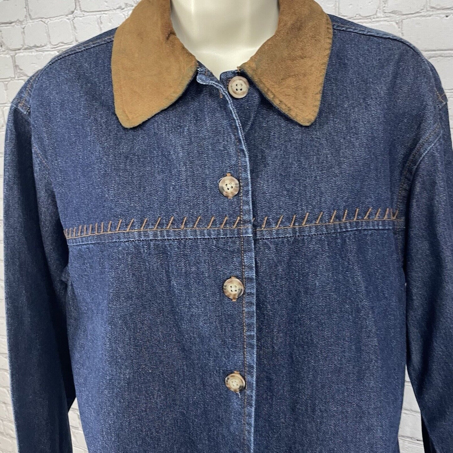 AMI Blue Denim Button Up Shirt Suede Collar Stitching Long Sleeve Size Small S