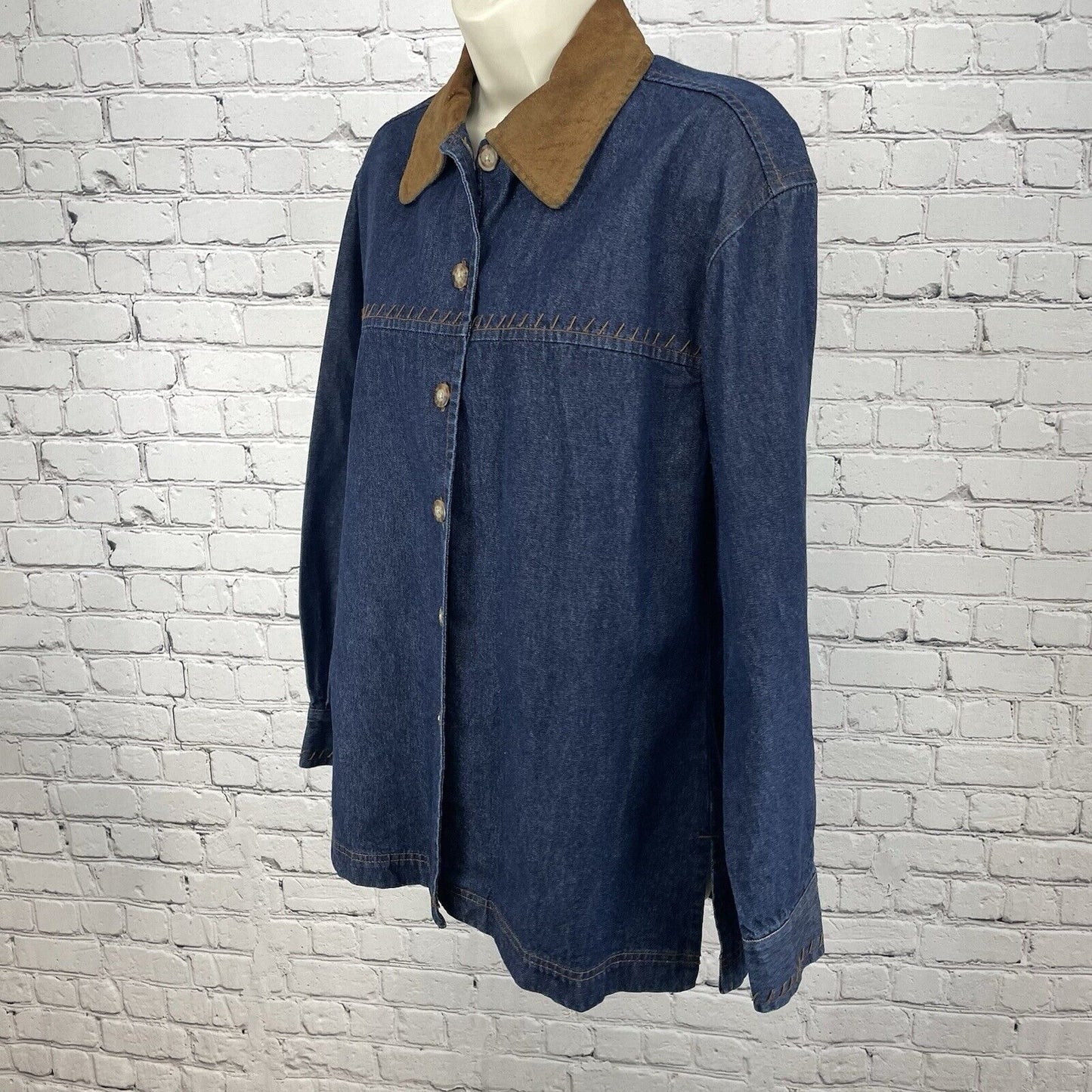 AMI Blue Denim Button Up Shirt Suede Collar Stitching Long Sleeve Size Small S