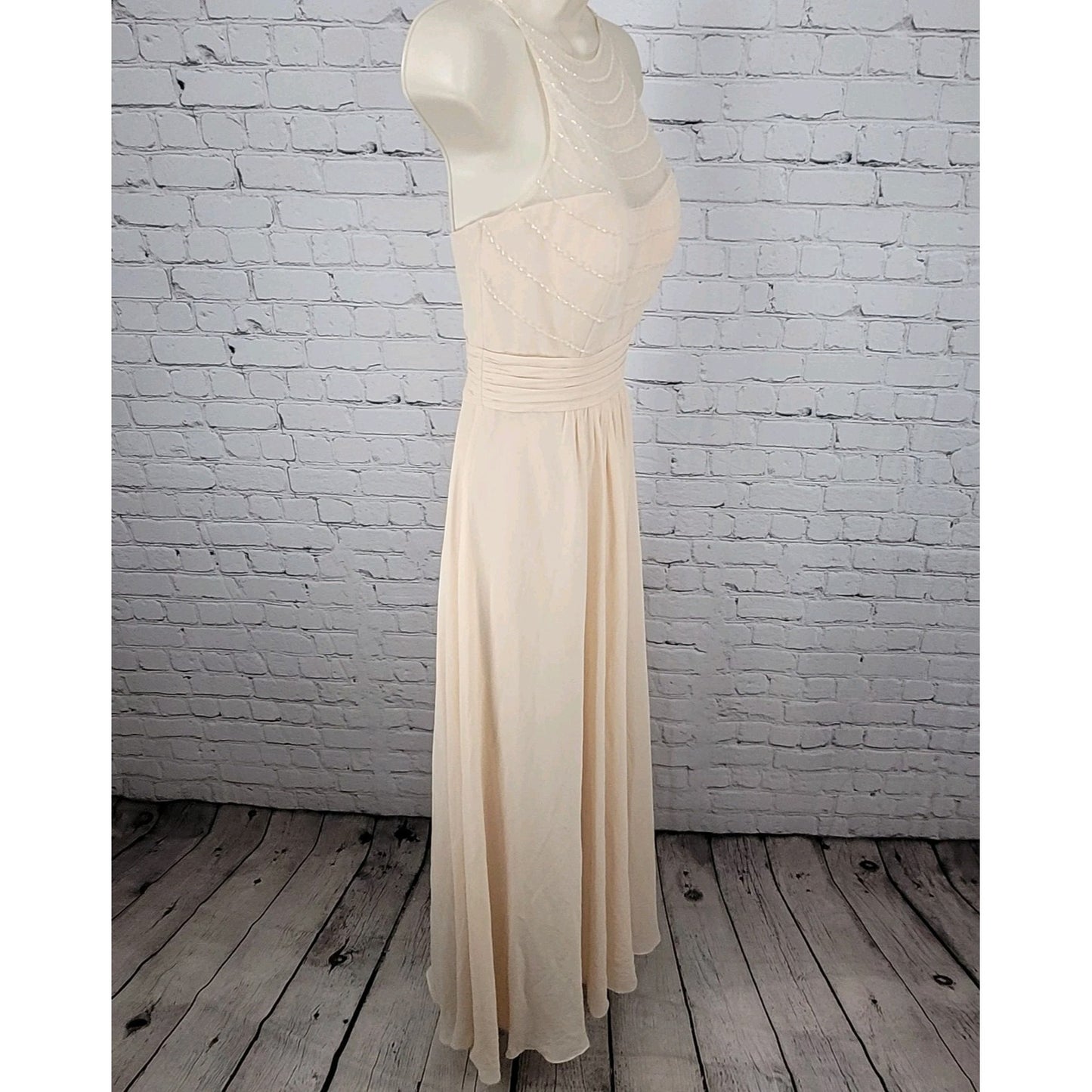 Belsoie Cream Chiffon Beaded Strappy Empire Waist Bridesmaid Dress Gown Size 4