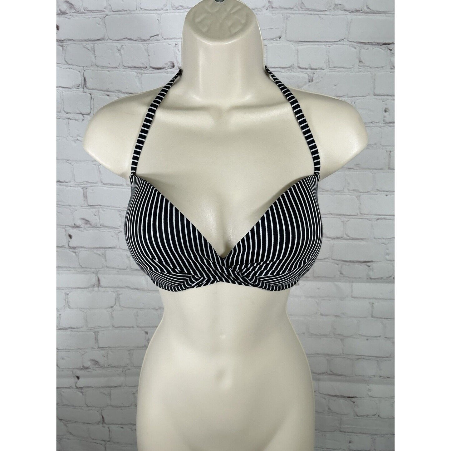 Shade & Shore Black/White Striped Twist Front Underwire Halter Bikini Top 34D
