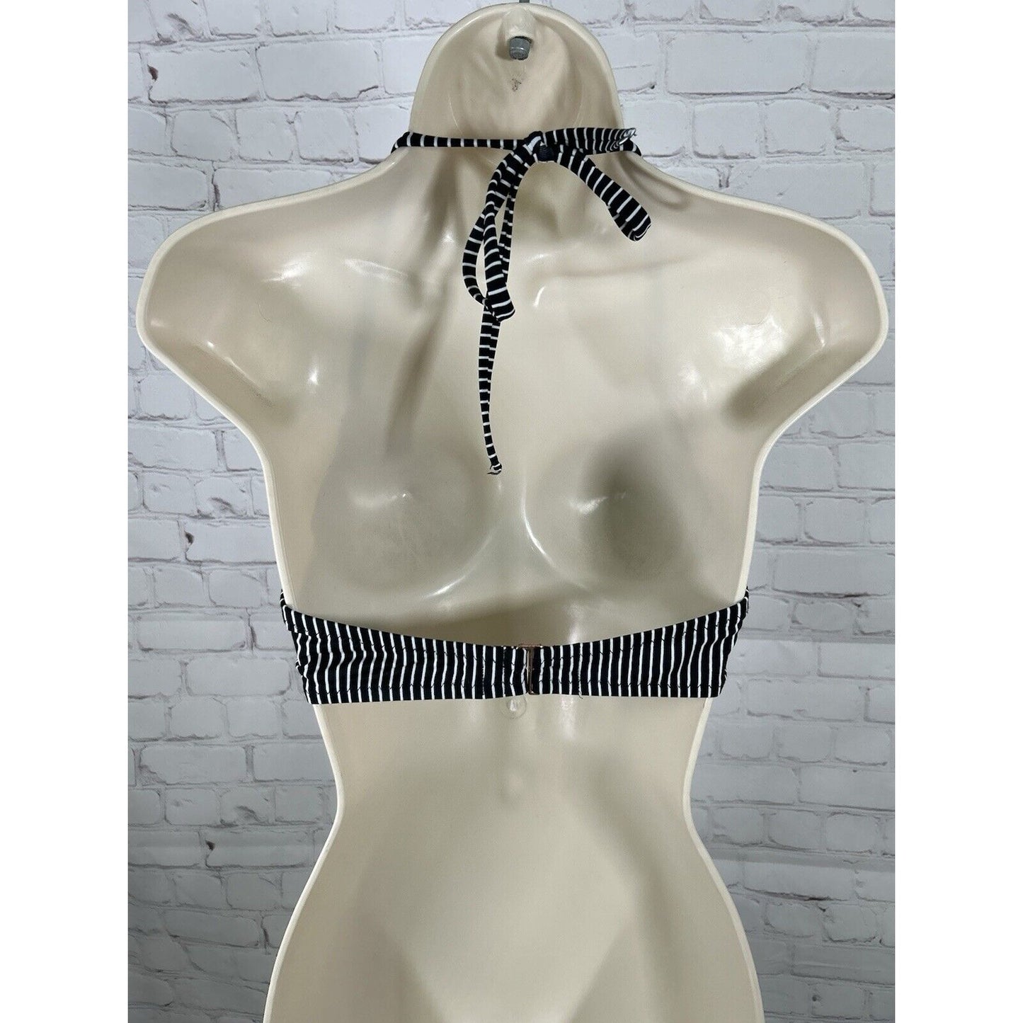 Shade & Shore Black/White Striped Twist Front Underwire Halter Bikini Top 34D