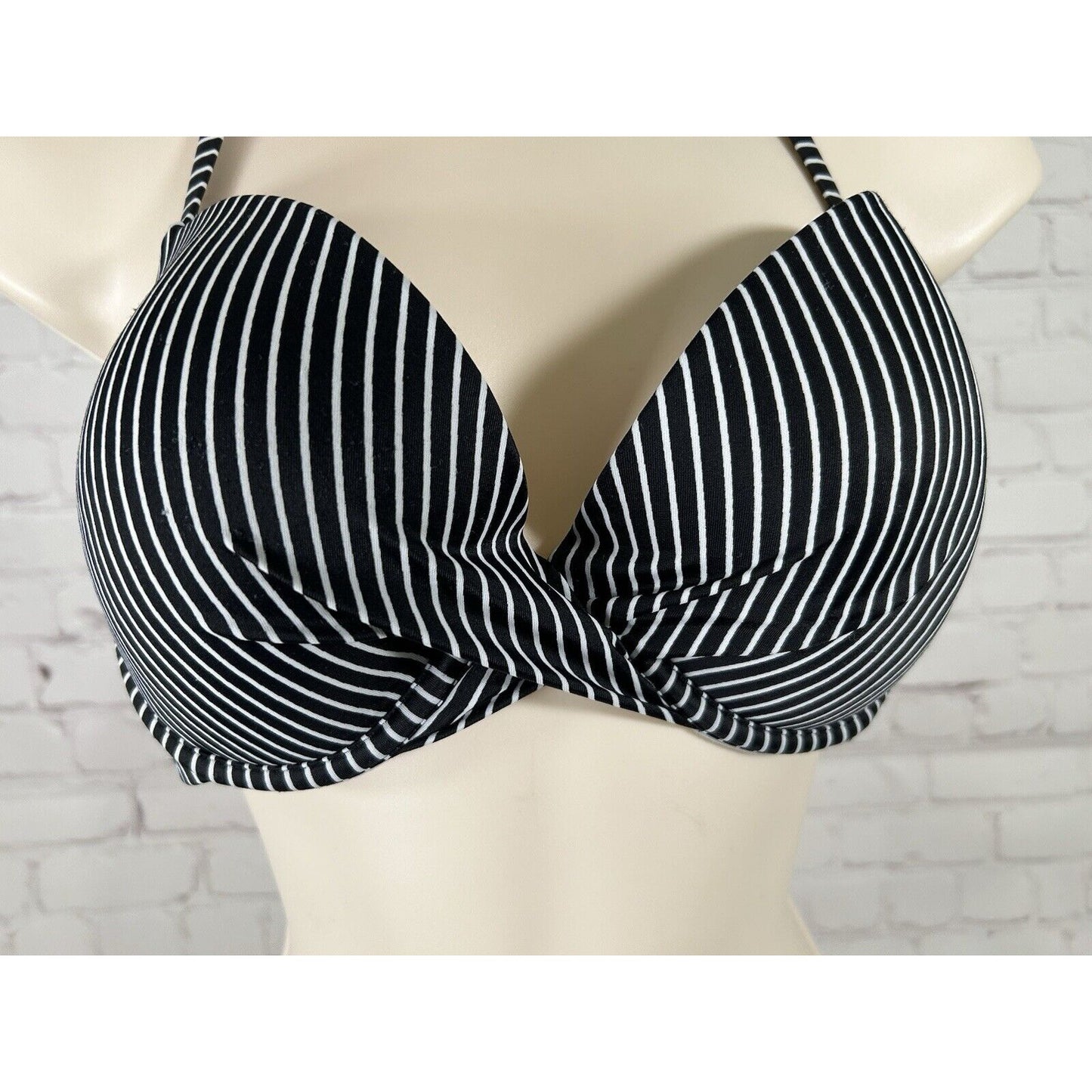 Shade & Shore Black/White Striped Twist Front Underwire Halter Bikini Top 34D