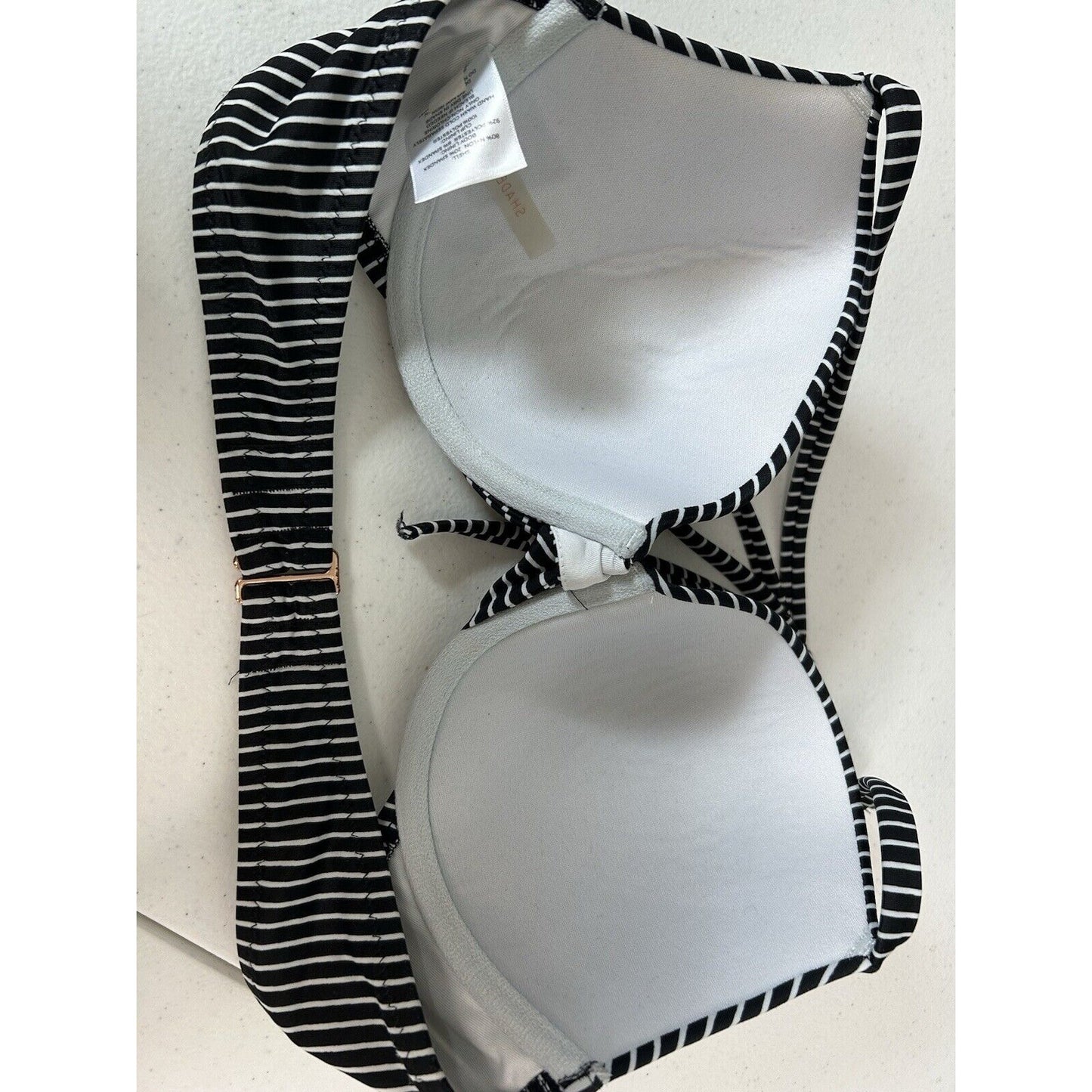 Shade & Shore Black/White Striped Twist Front Underwire Halter Bikini Top 34D