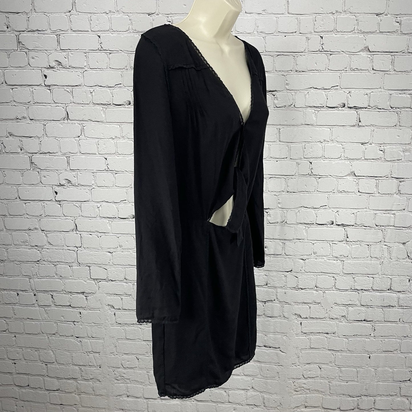 Stevie May Black Lightweight Long Sleeve Tie Front Pleated Zipped Dress Size S