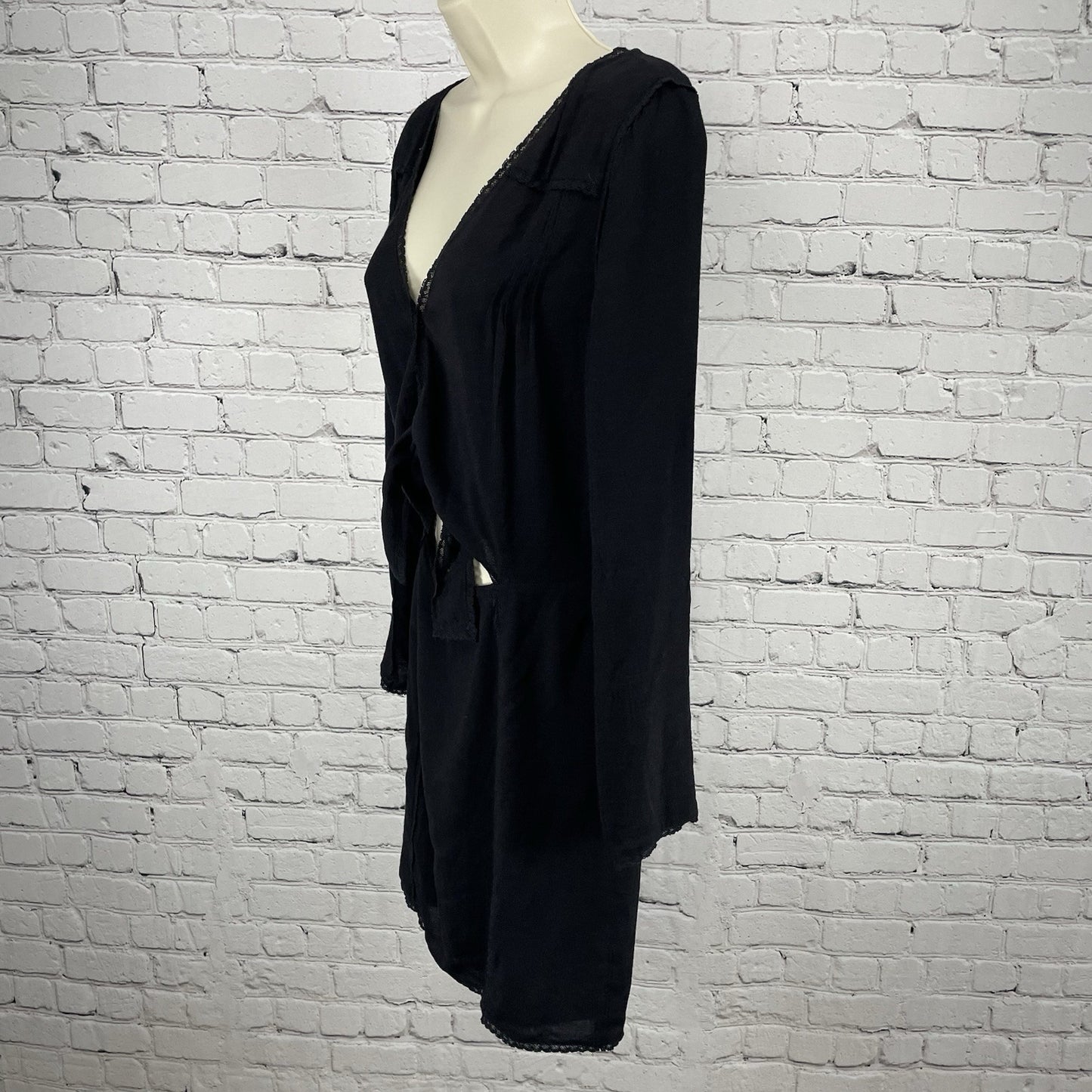 Stevie May Black Lightweight Long Sleeve Tie Front Pleated Zipped Dress Size S