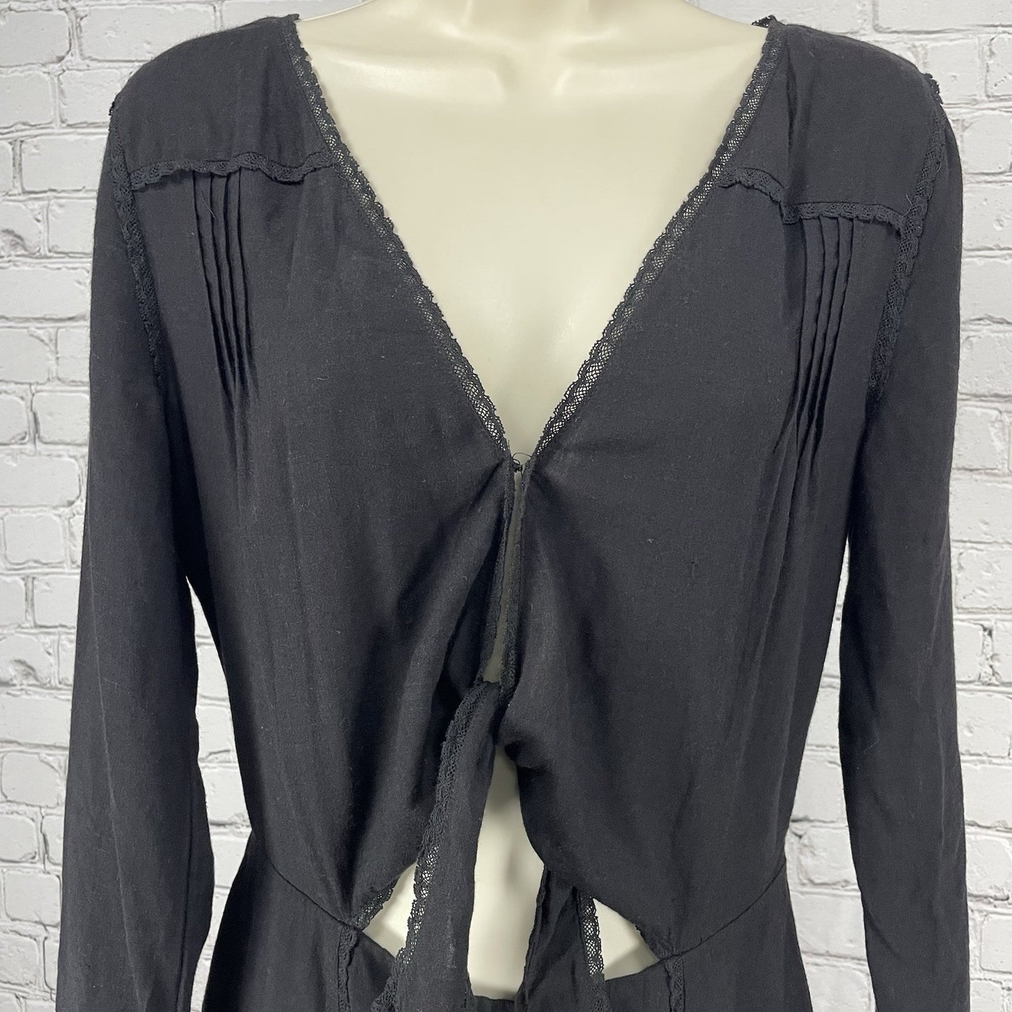 Stevie May Black Lightweight Long Sleeve Tie Front Pleated Zipped Dress Size S