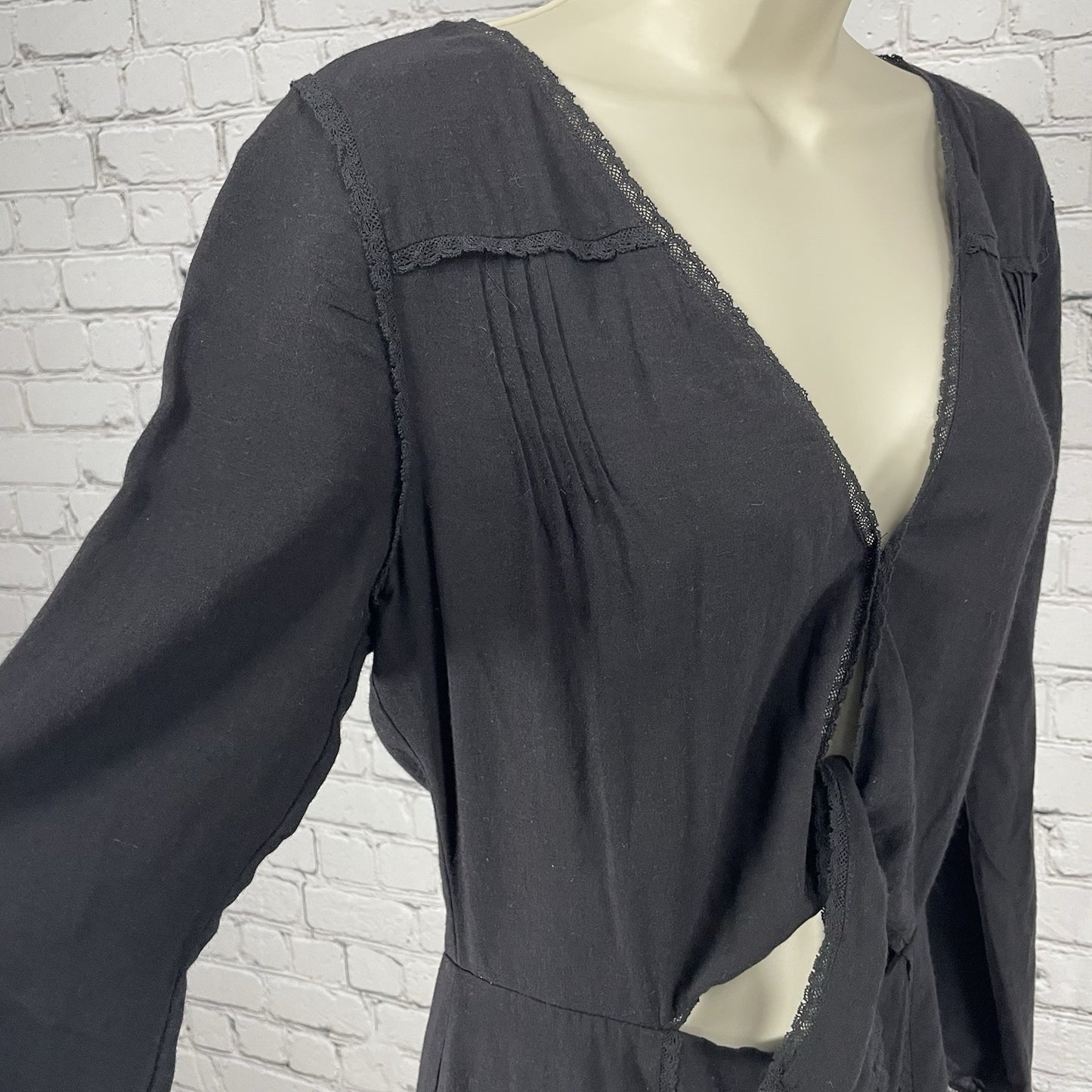 Stevie May Black Lightweight Long Sleeve Tie Front Pleated Zipped Dress Size S