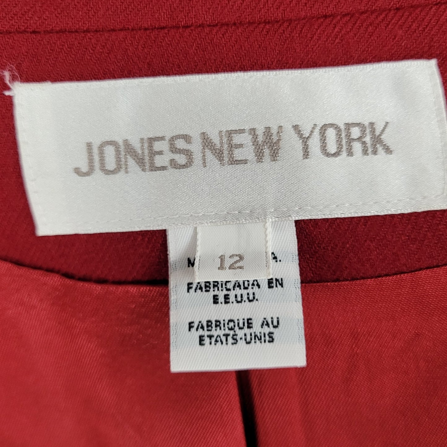 Jones New York Red 100% Worsted Wool Buttoned Suit Jacket USA Made Size 12