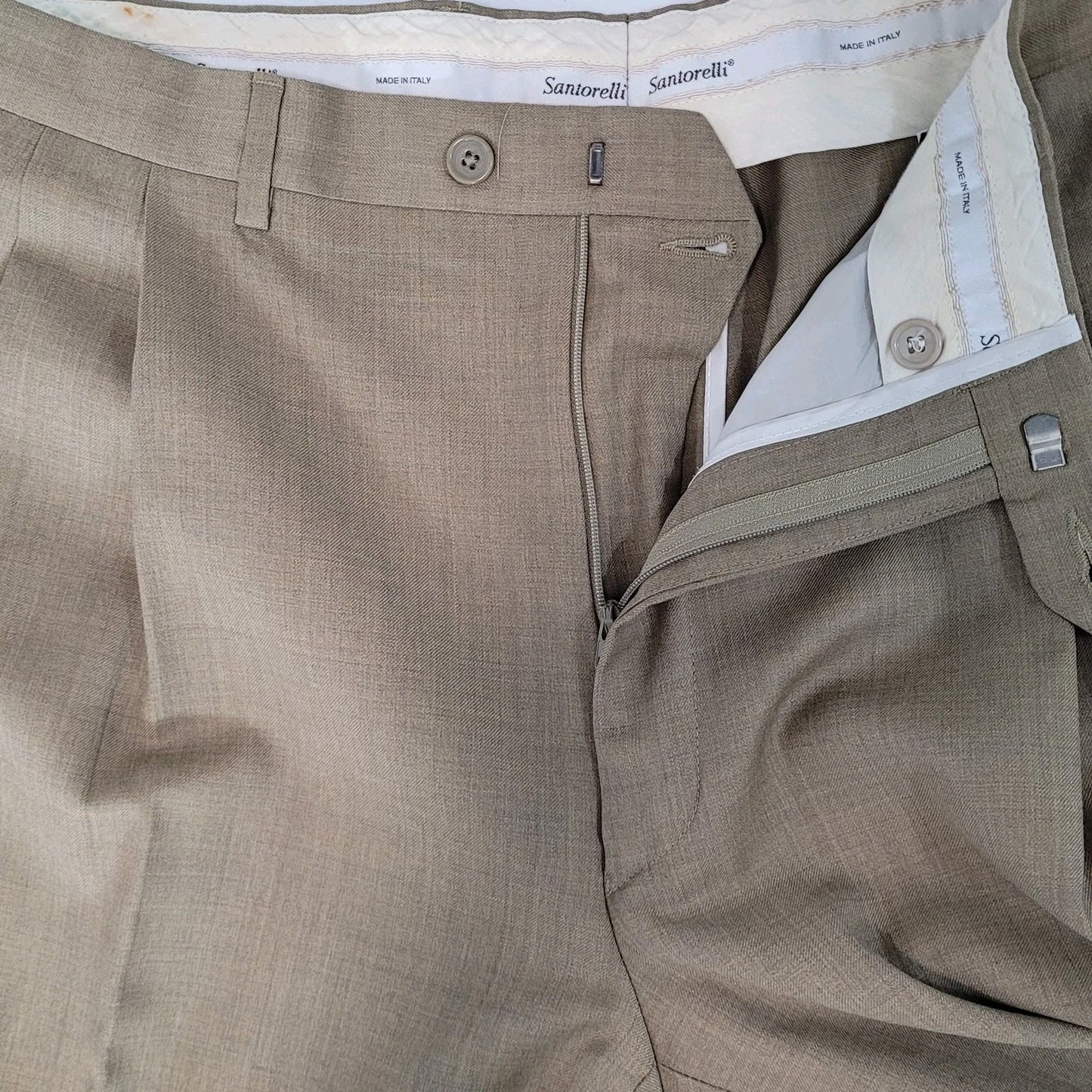 Santorelli Luxury Serge Tan 100% Wool Dress Pants Italy Made Size 42 (42x32)