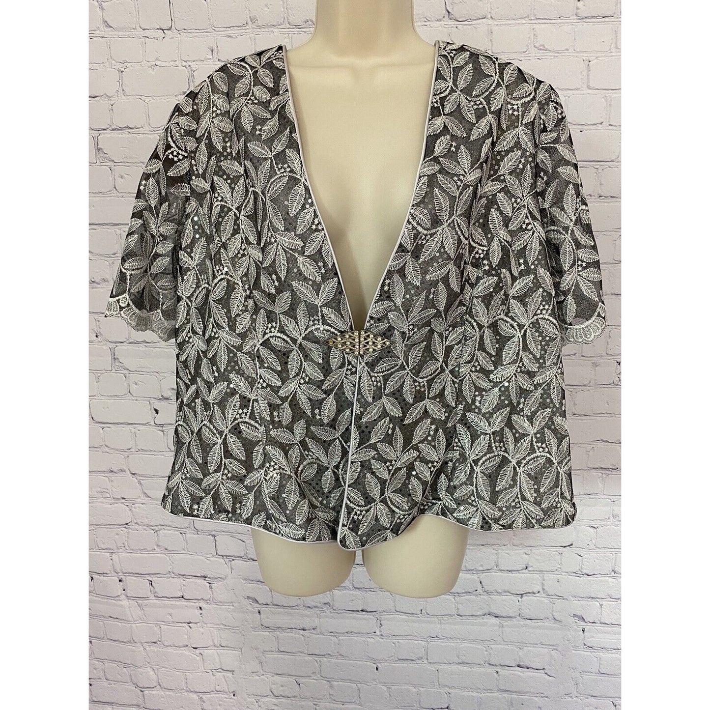 Cindy Sequined Embroidered Silver Mesh Shoulder Pads Semi-Sheer Blouse Size 5XL