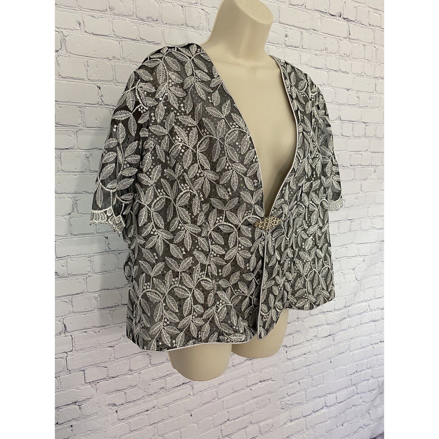 Cindy Sequined Embroidered Silver Mesh Shoulder Pads Semi-Sheer Blouse Size 5XL