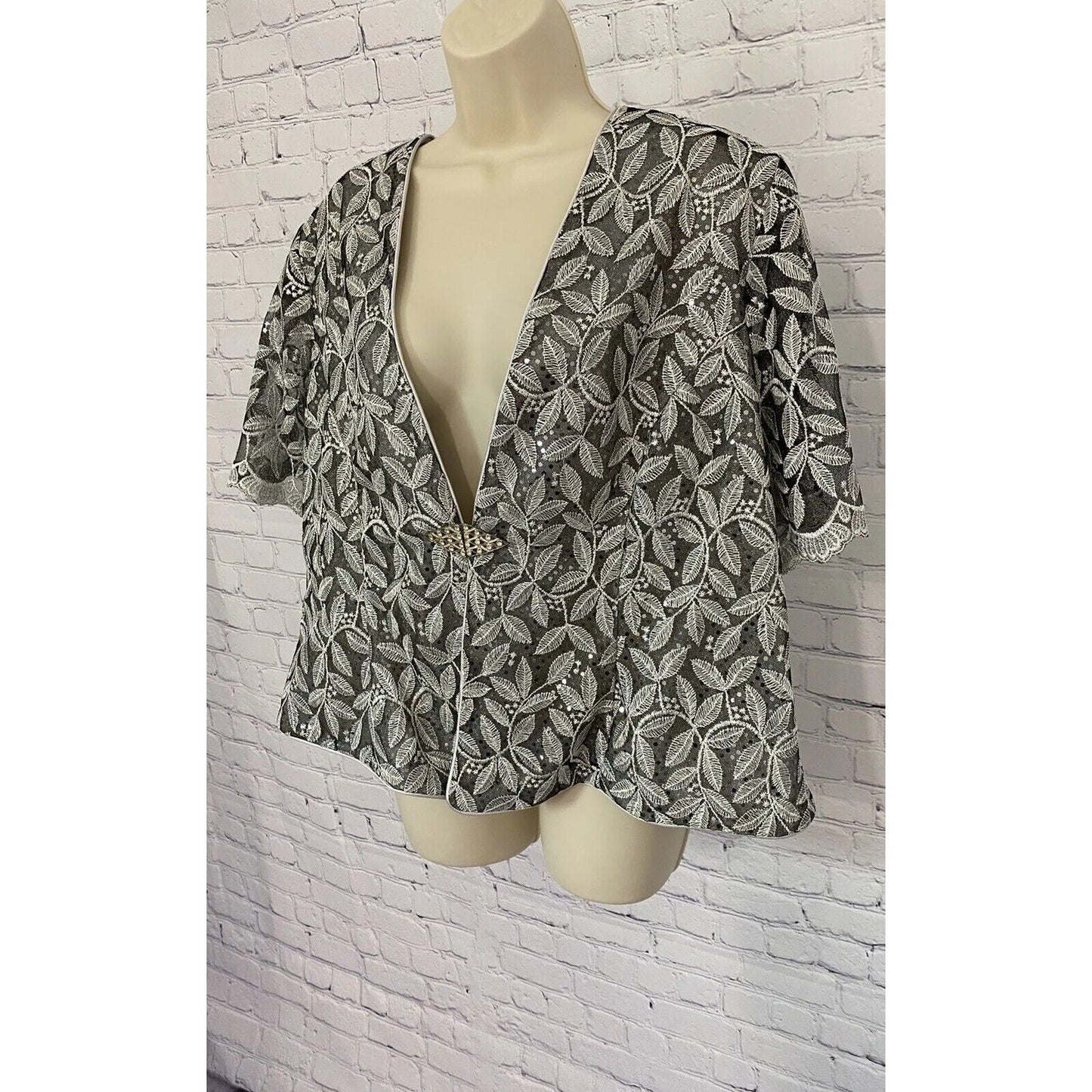 Cindy Sequined Embroidered Silver Mesh Shoulder Pads Semi-Sheer Blouse Size 5XL