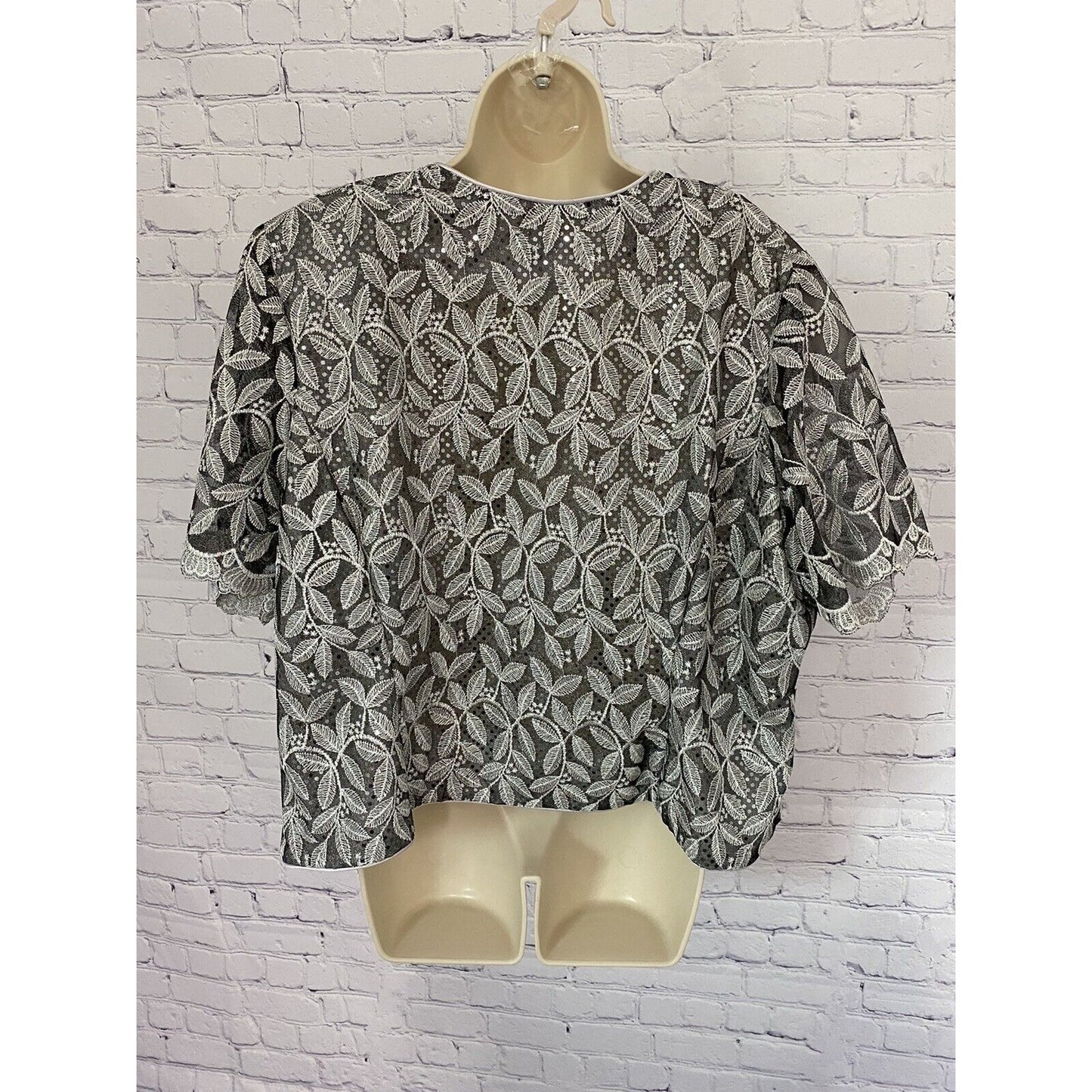 Cindy Sequined Embroidered Silver Mesh Shoulder Pads Semi-Sheer Blouse Size 5XL
