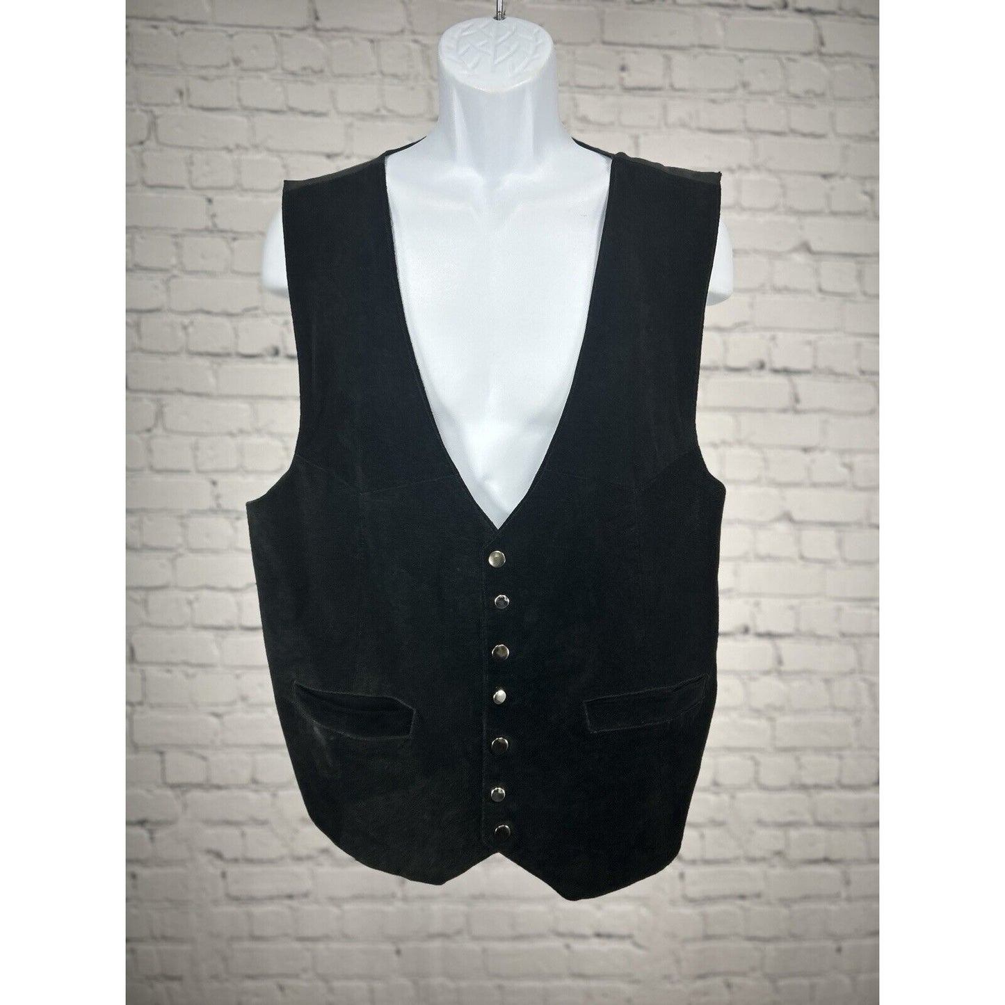 VTG Western Frontier Black Leather Snap Button Up Adjustable Waist Vest Size XL