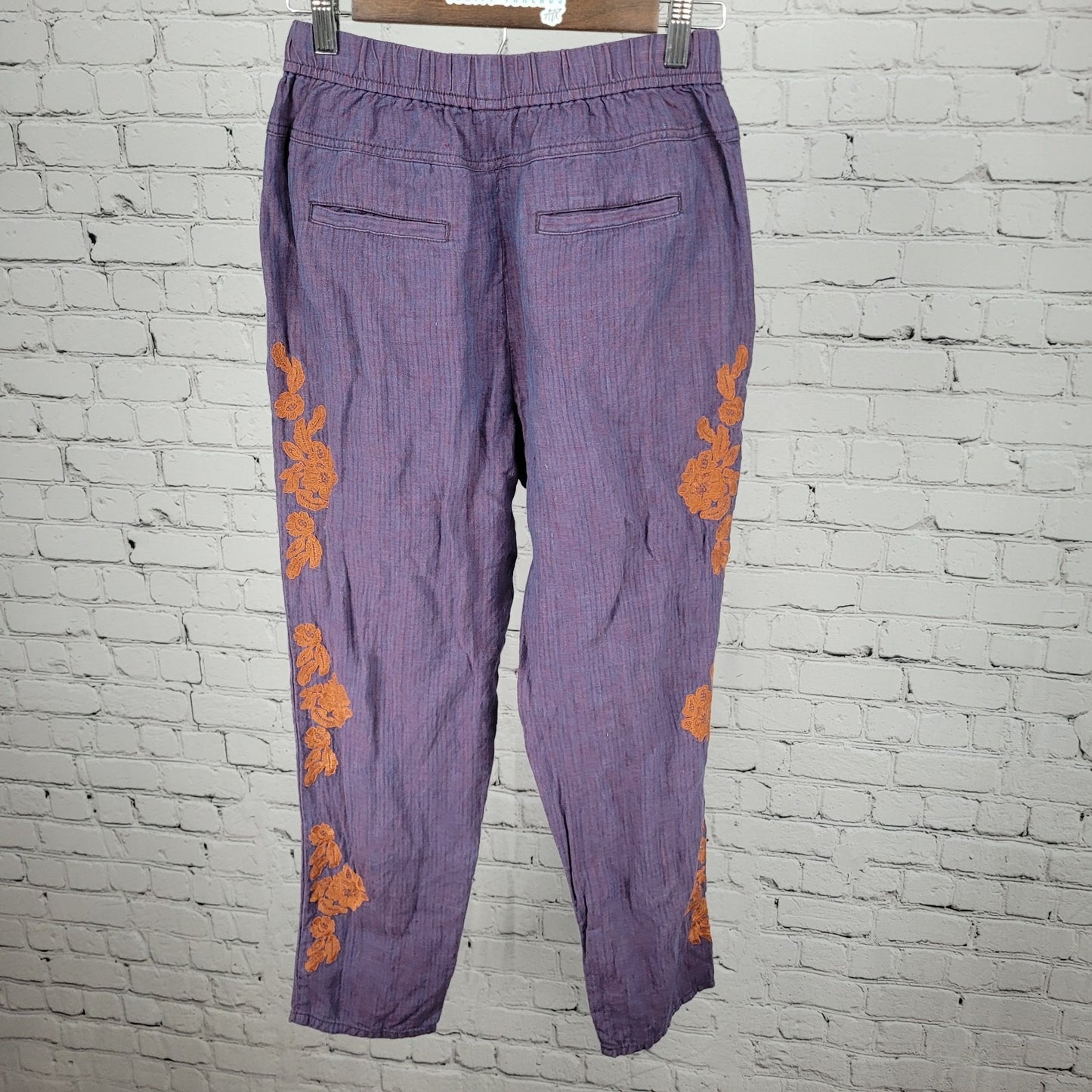 Anthropologie Purple Linen Embroidered Elastic Waist Pants Size XS (25x25.5)