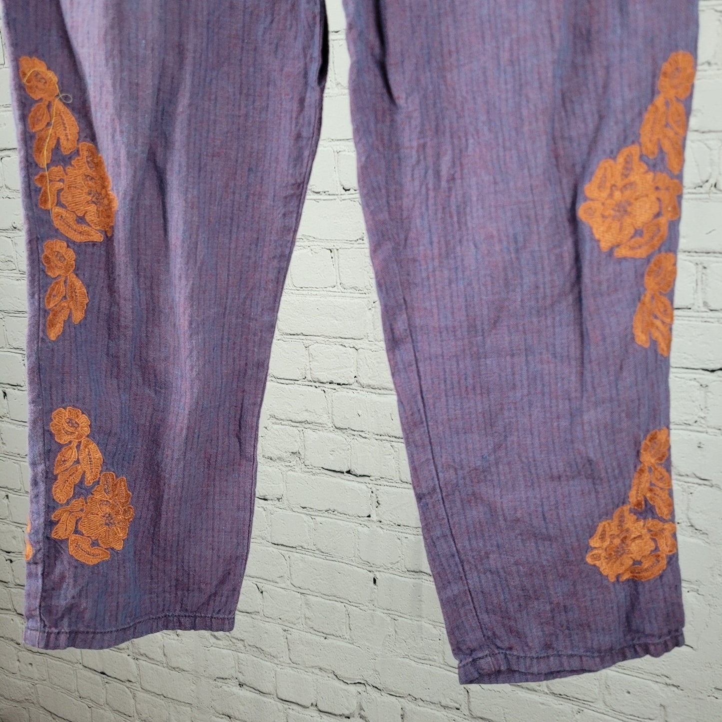 Anthropologie Purple Linen Embroidered Elastic Waist Pants Size XS (25x25.5)