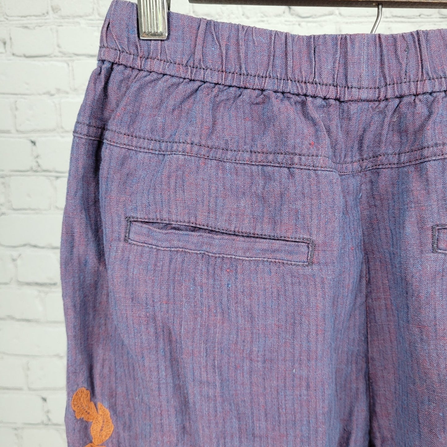 Anthropologie Purple Linen Embroidered Elastic Waist Pants Size XS (25x25.5)
