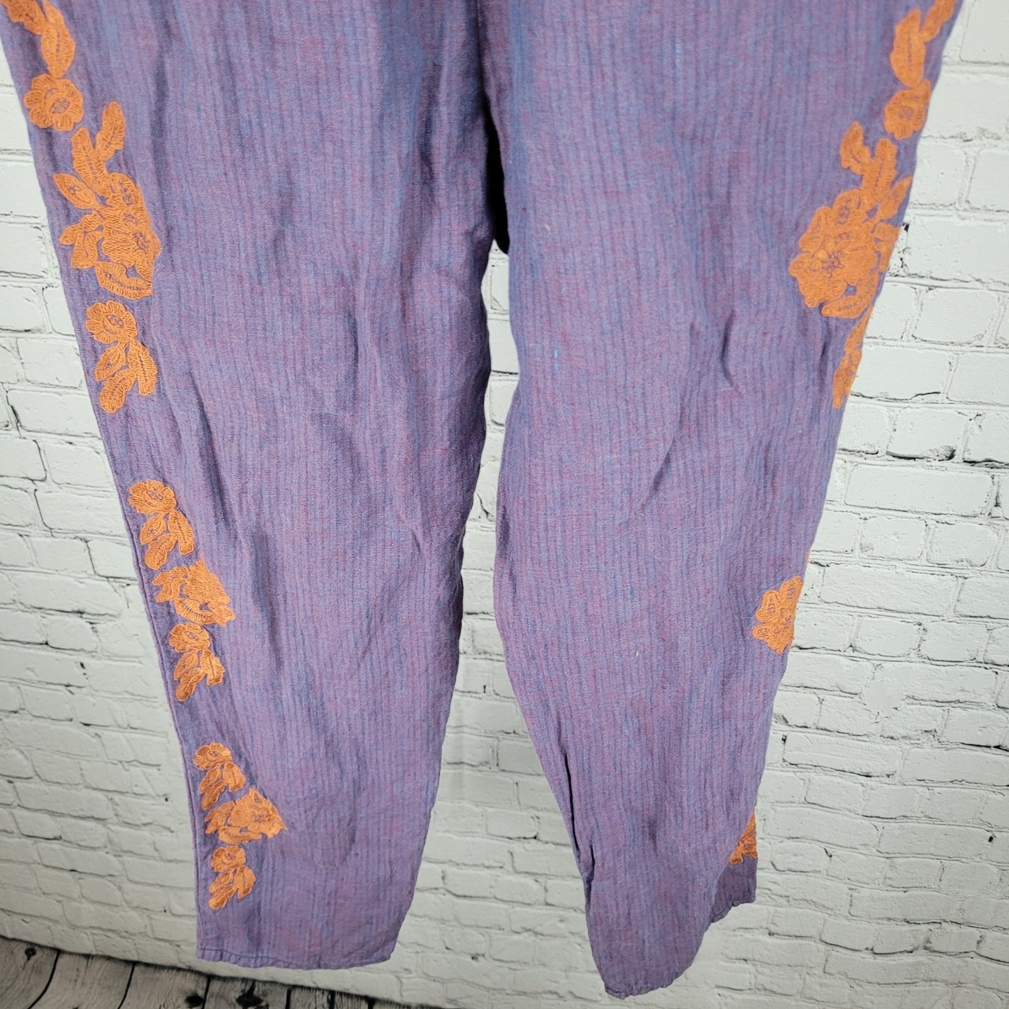 Anthropologie Purple Linen Embroidered Elastic Waist Pants Size XS (25x25.5)