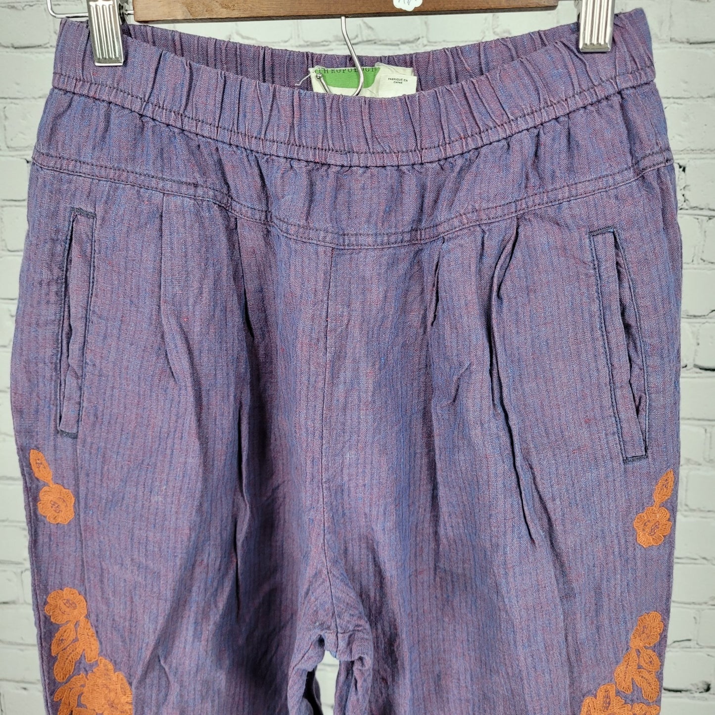 Anthropologie Purple Linen Embroidered Elastic Waist Pants Size XS (25x25.5)