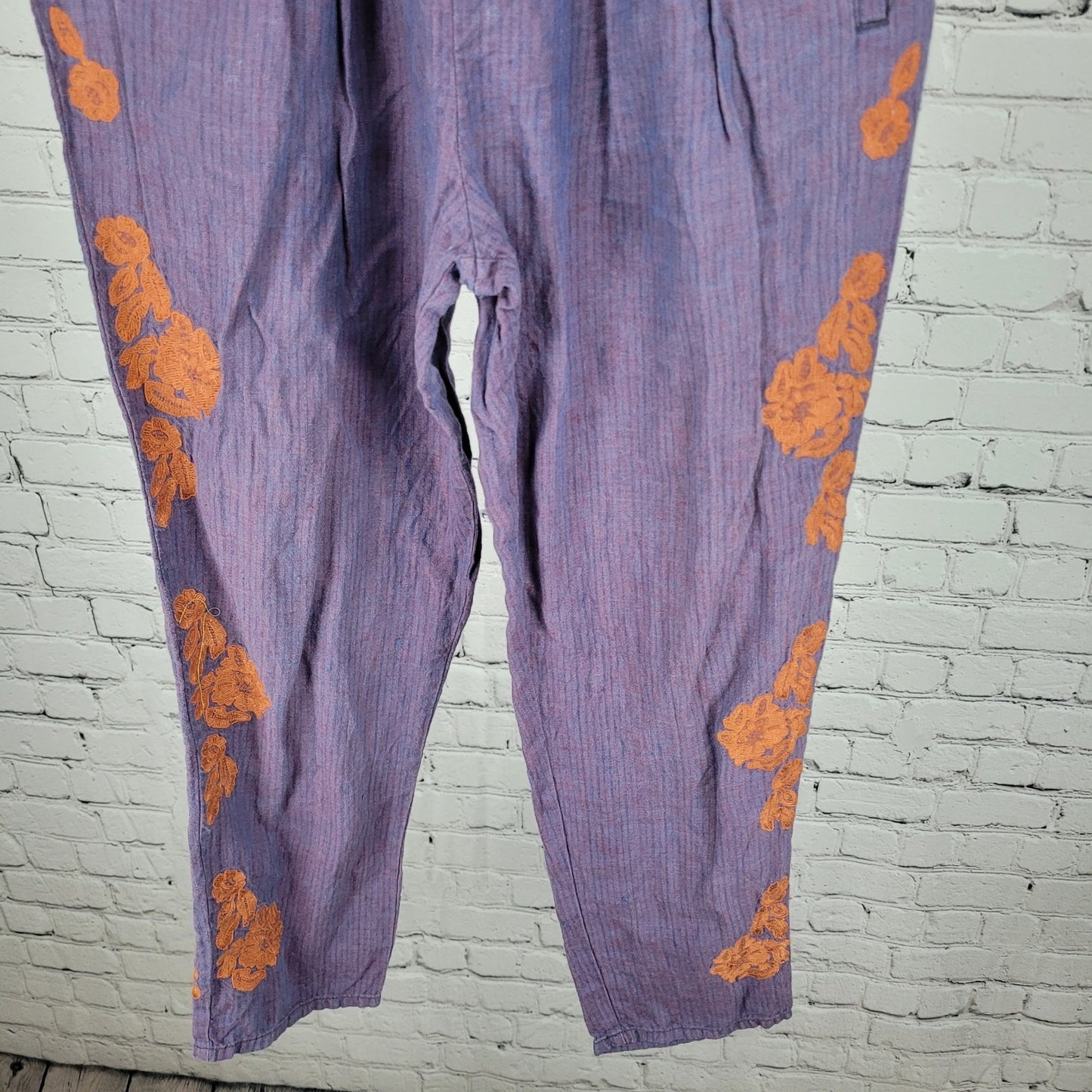 Anthropologie Purple Linen Embroidered Elastic Waist Pants Size XS (25x25.5)