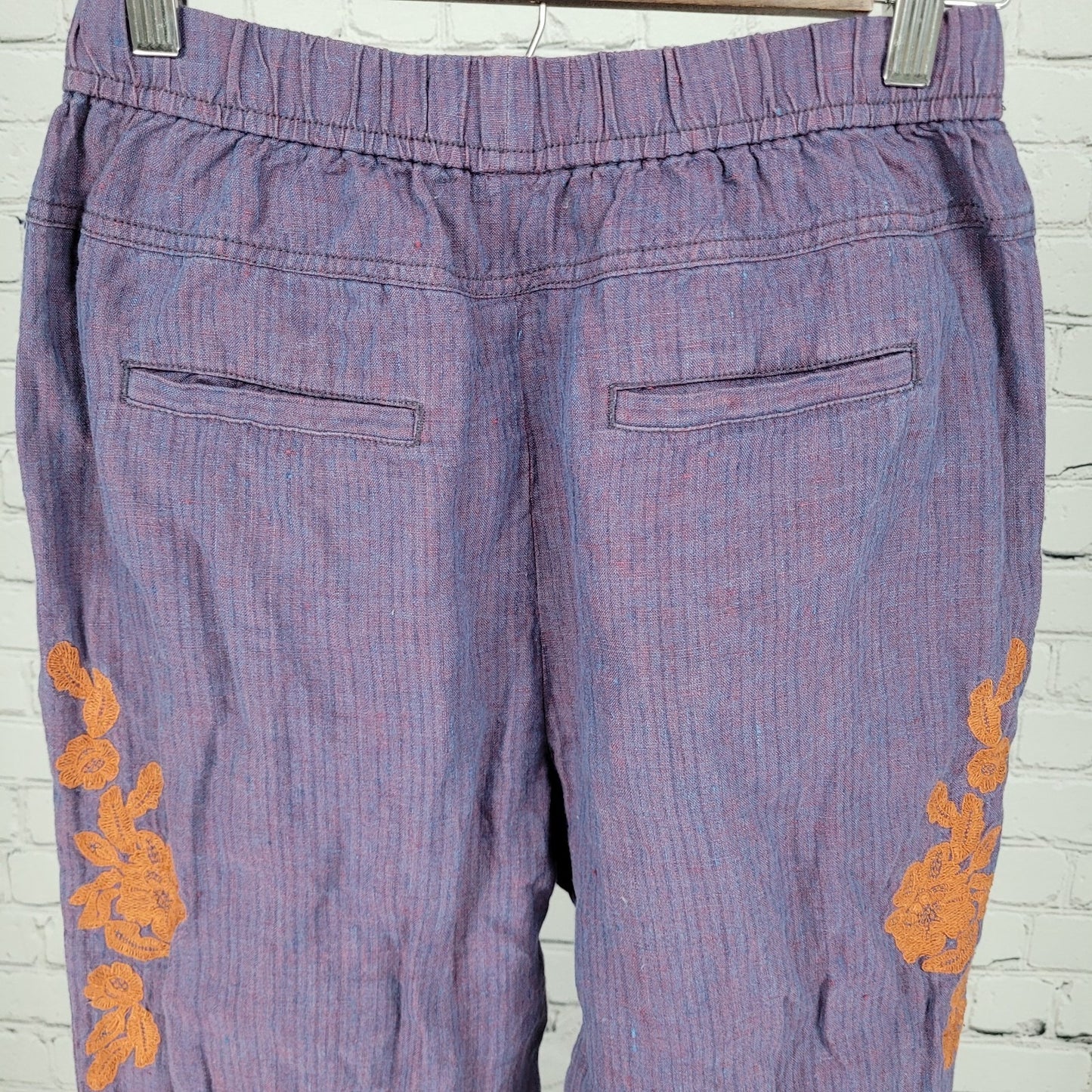 Anthropologie Purple Linen Embroidered Elastic Waist Pants Size XS (25x25.5)