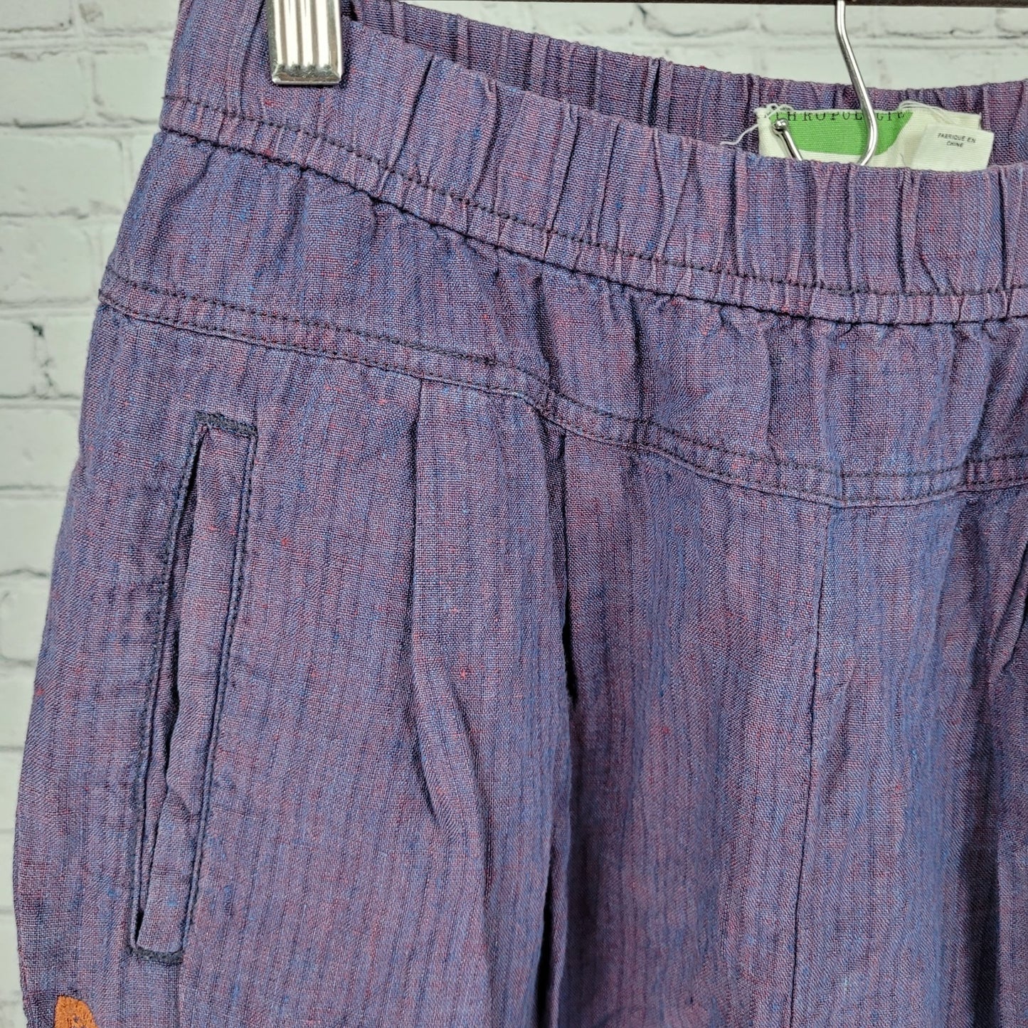 Anthropologie Purple Linen Embroidered Elastic Waist Pants Size XS (25x25.5)