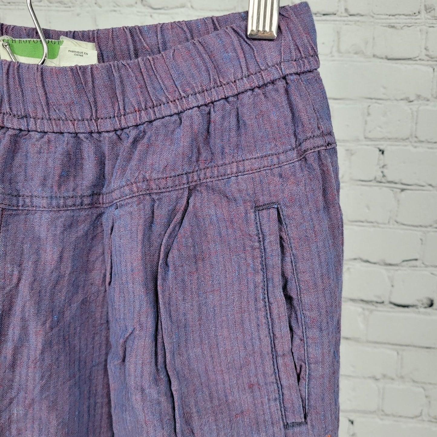 Anthropologie Purple Linen Embroidered Elastic Waist Pants Size XS (25x25.5)