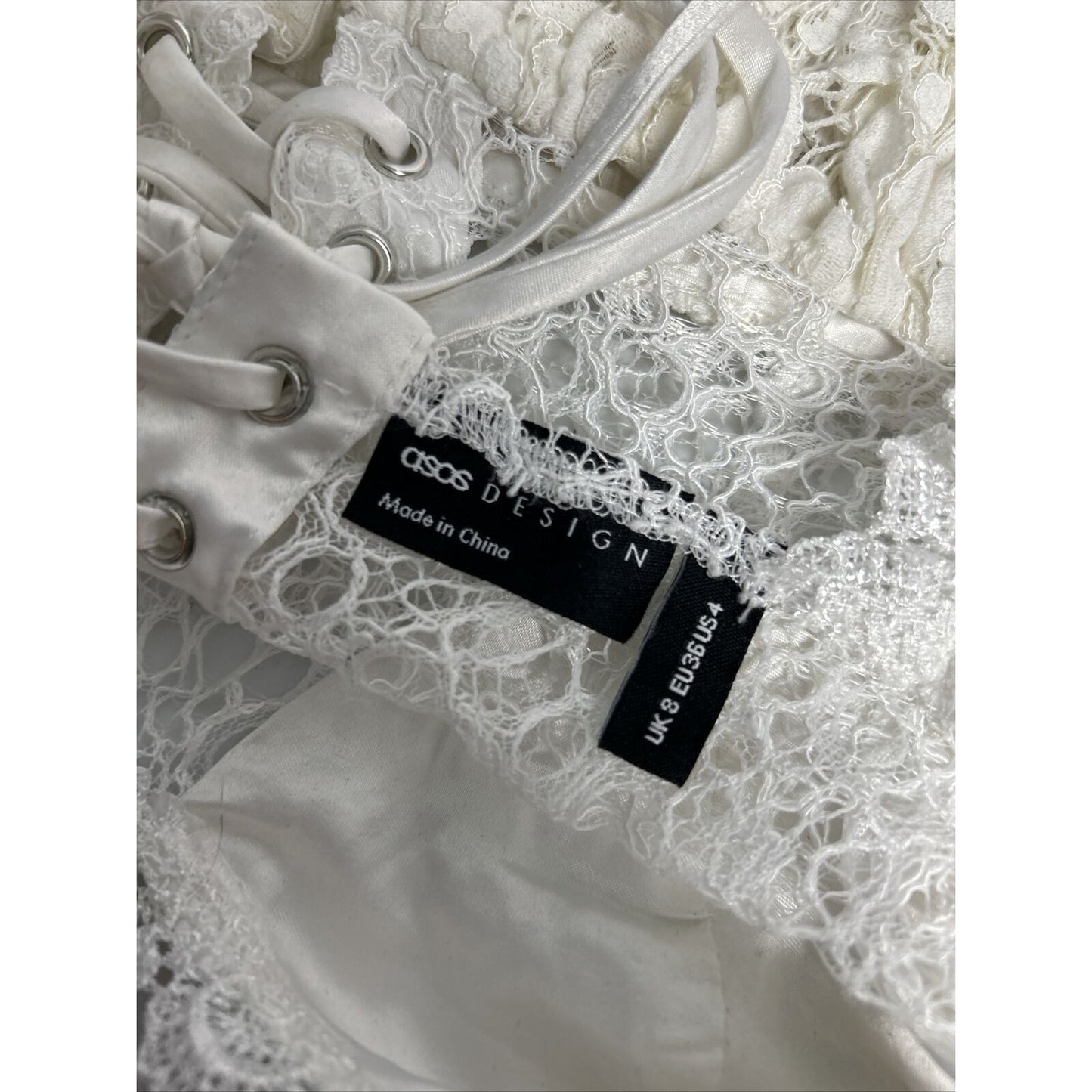 Asos Design Ivory Sheer Lace Cap Sleeve Babydoll Lace Up Back Ruffle Top Size 4