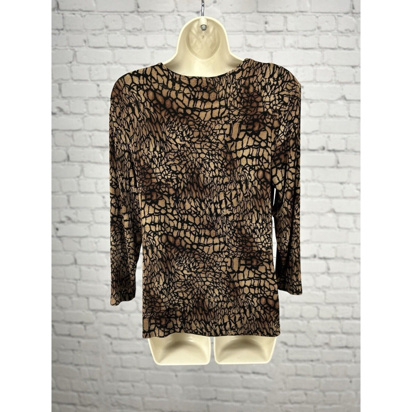 Chicos Travelers Brown Snake Print Stretch V-Neck 3/4 Sleeve Blouse USA Small S