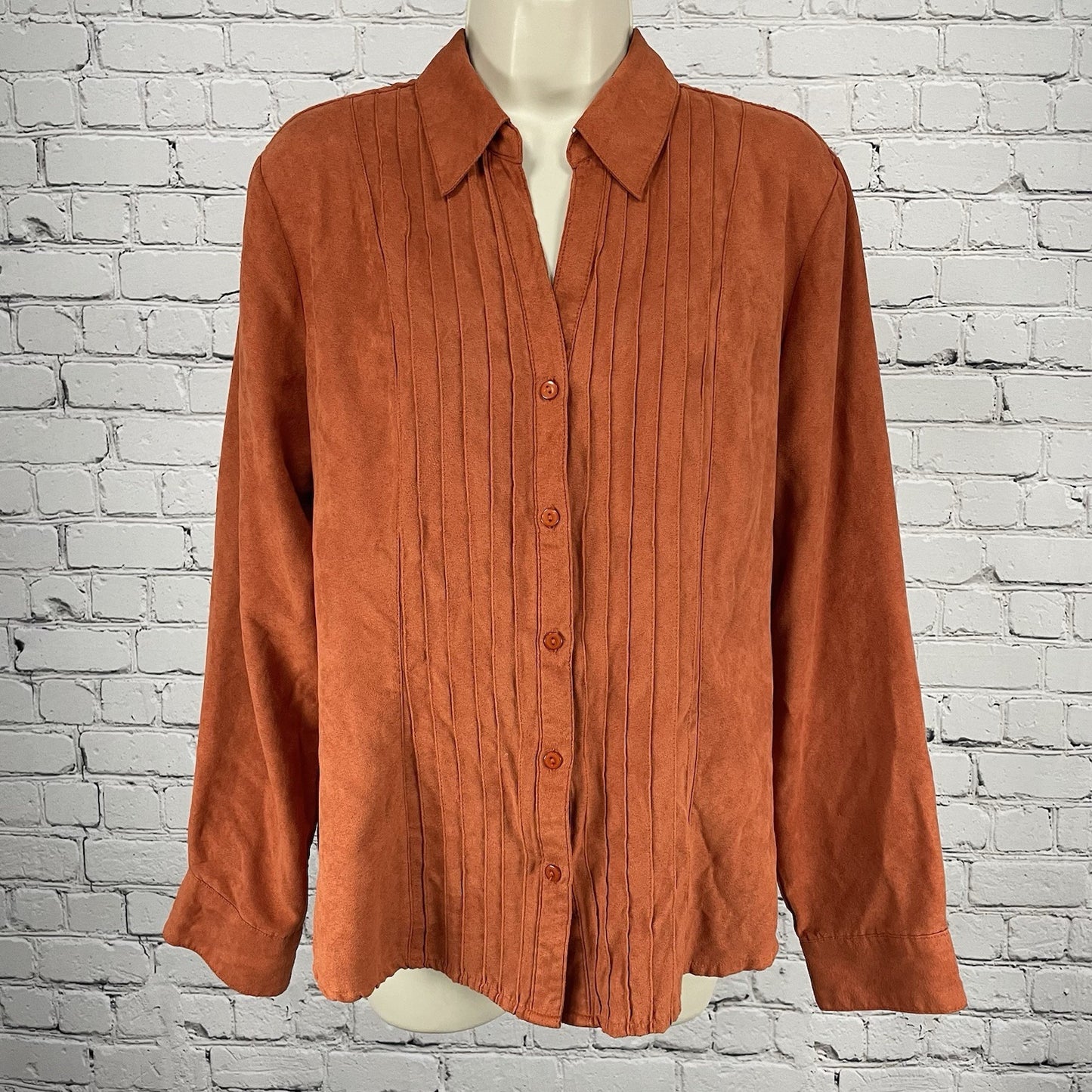 Lemon Grass Orange Soft Faux Suede Like Button Up Long Sleeve Shirt Size Large L