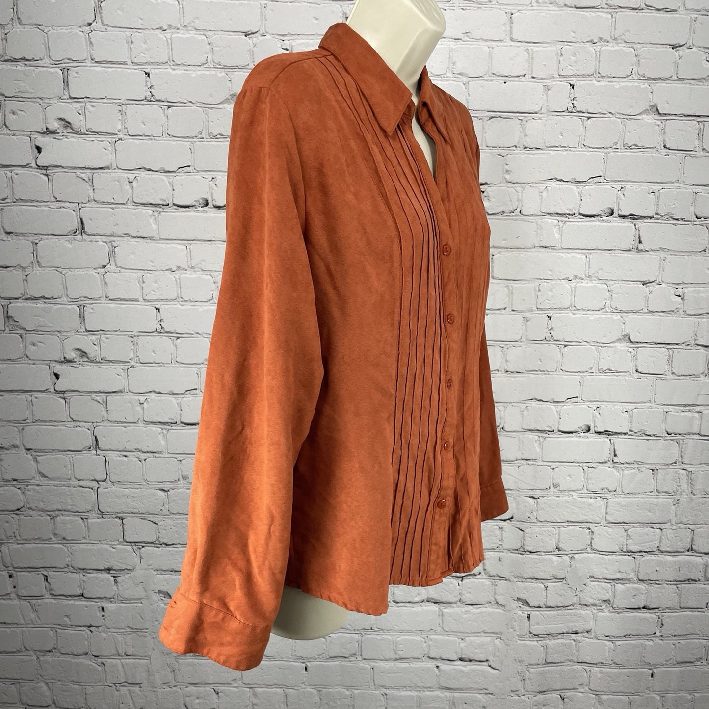 Lemon Grass Orange Soft Faux Suede Like Button Up Long Sleeve Shirt Size Large L