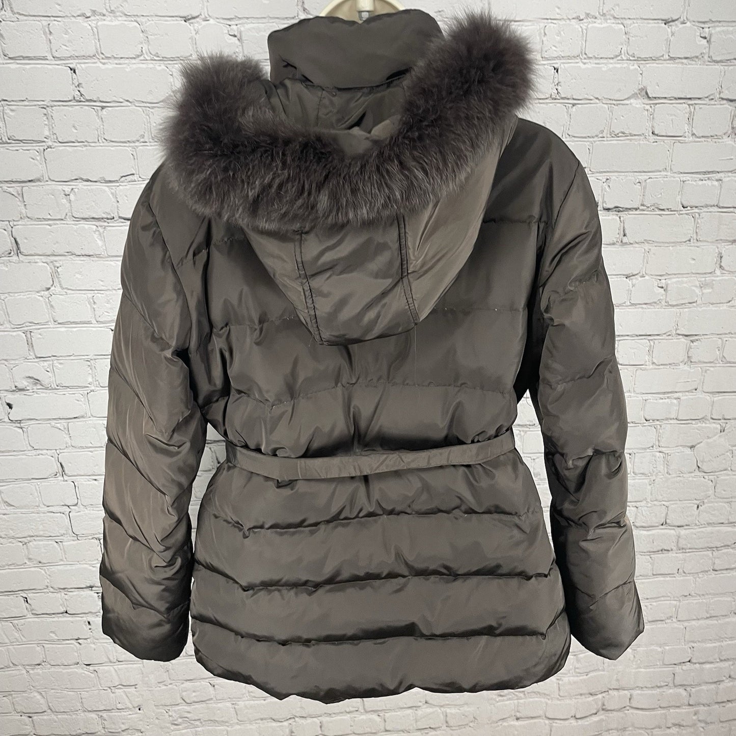 Tahari Brown Puffer Down Filled Genuine Fox Fur Removable Hood Coat Size Large L