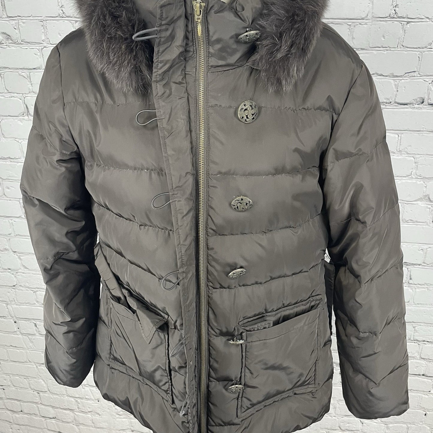 Tahari Brown Puffer Down Filled Genuine Fox Fur Removable Hood Coat Size Large L