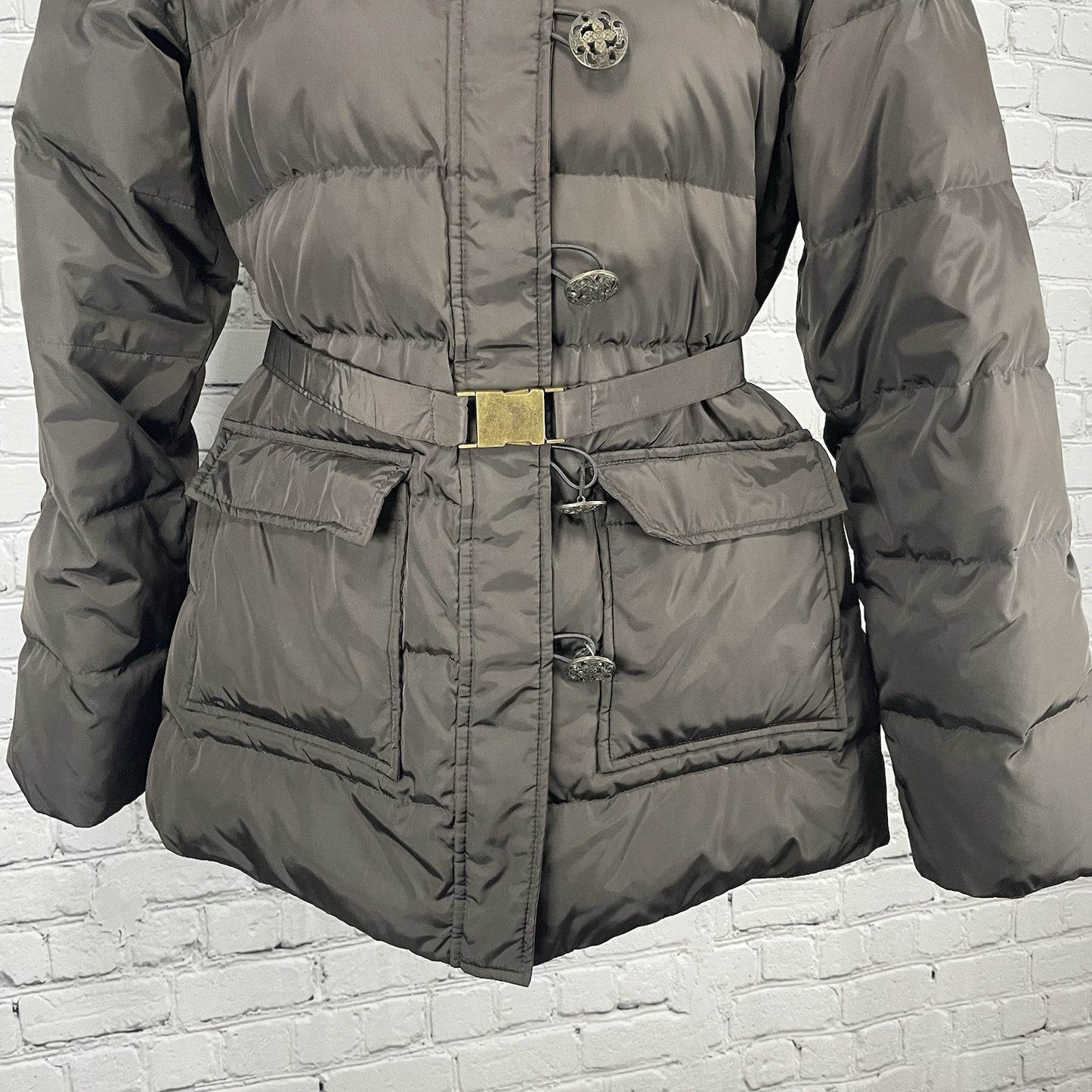Tahari Brown Puffer Down Filled Genuine Fox Fur Removable Hood Coat Size Large L